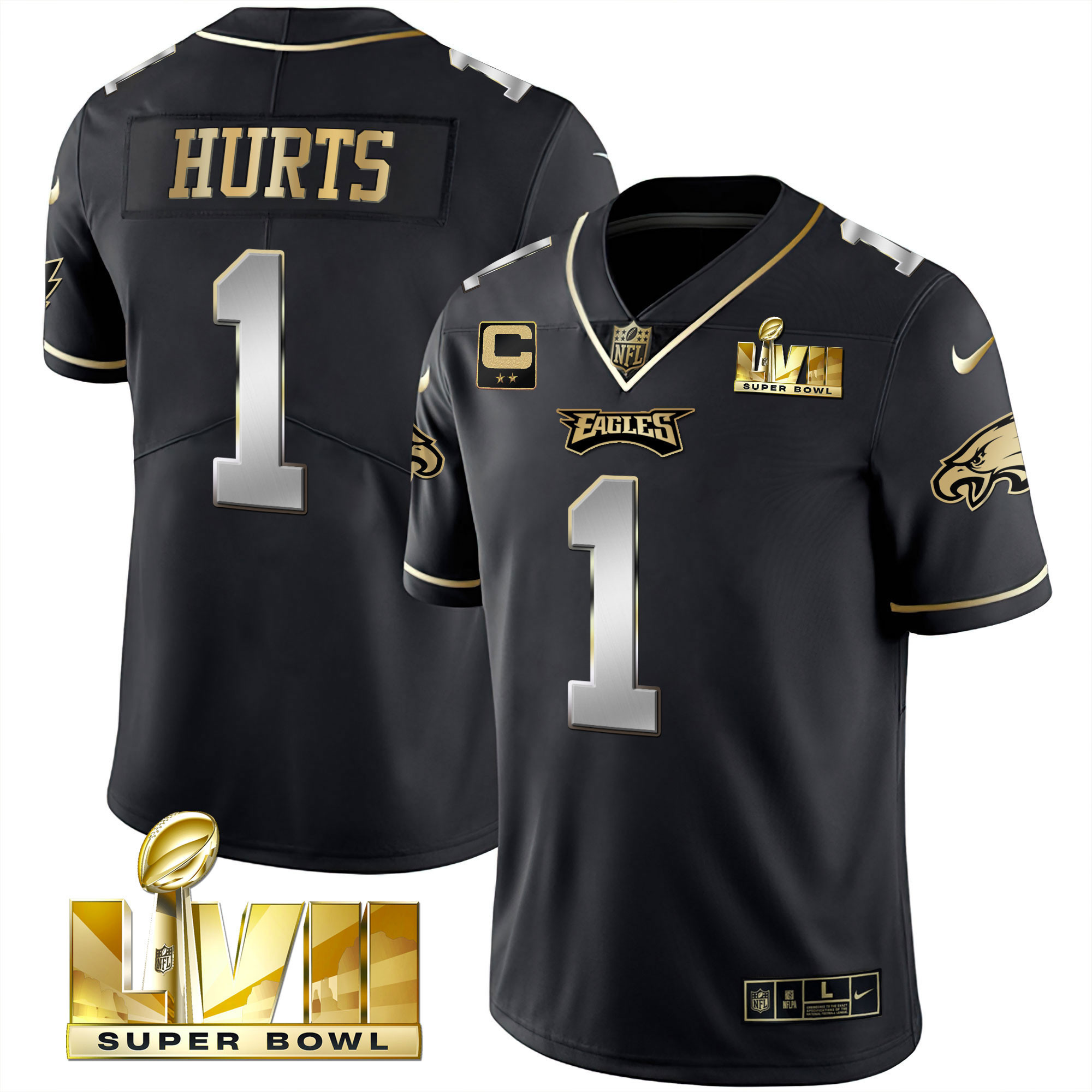 Jalen Hurts Youth's Philadelphia Eagles Super Bowl Vapor Gold Black Limited Jersey - All Stitched