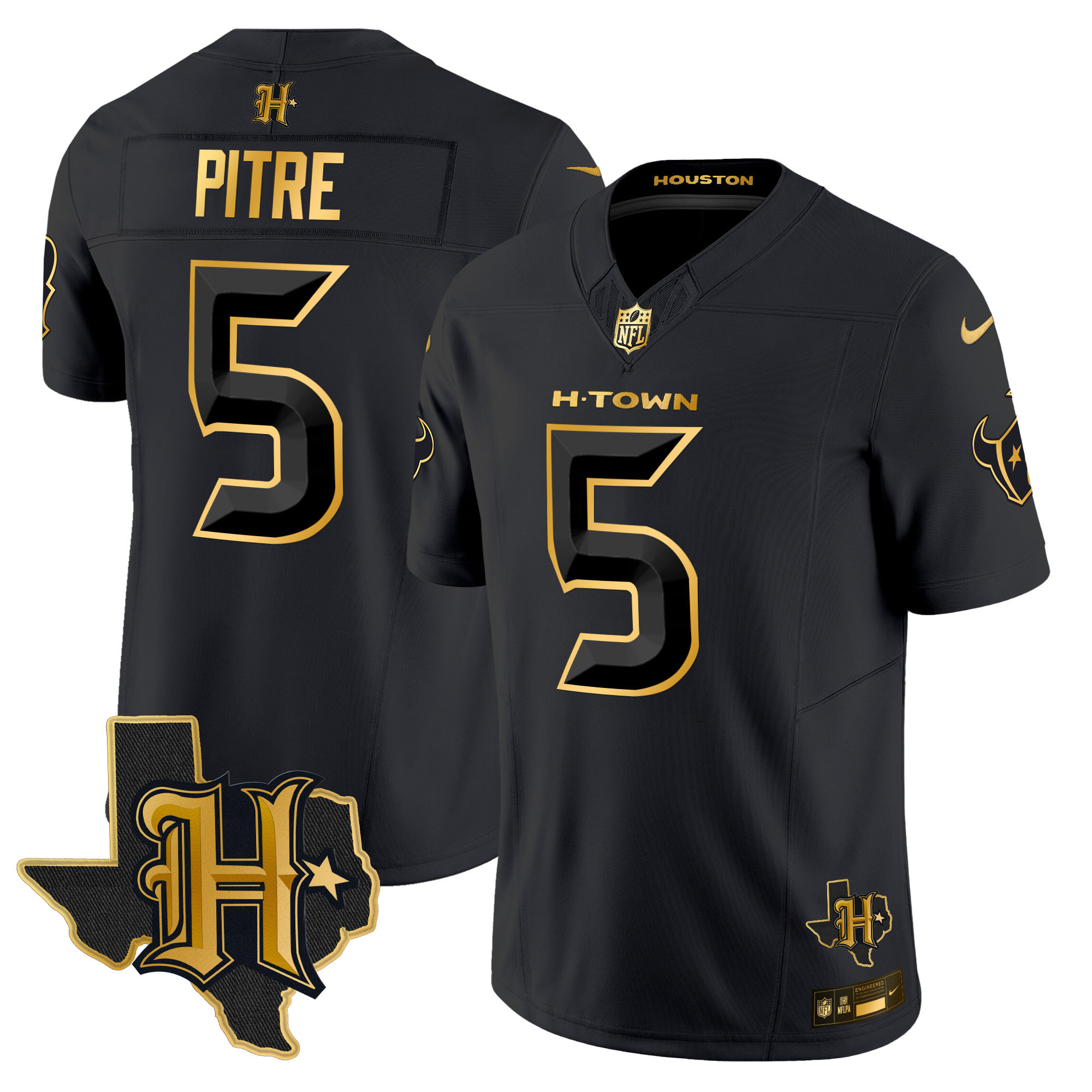 Jalen Pitre Men's Houston Texans 2024 Texas Patch Gold Vapor Limited Black Gold Jersey - All Stitched 