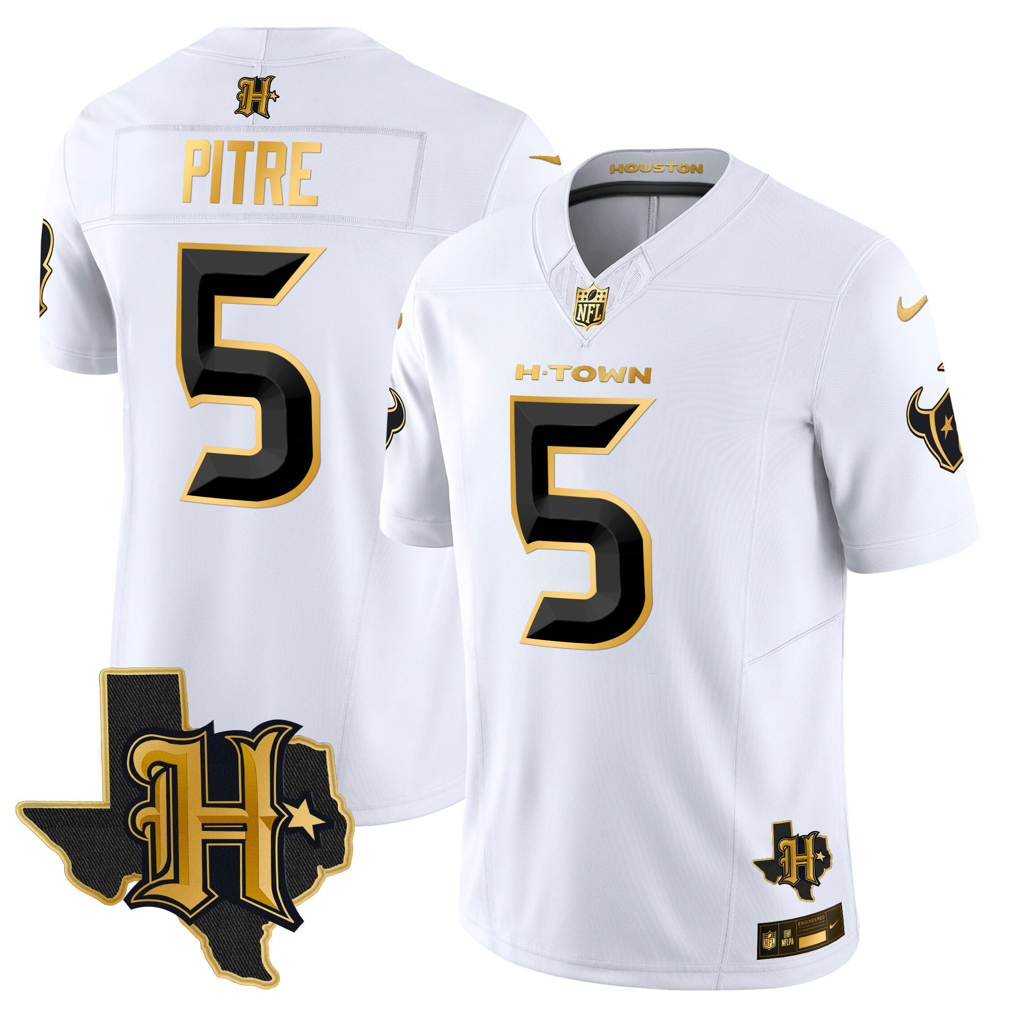 Jalen Pitre Men's Houston Texans 2024 Texas Patch Gold Vapor Limited White Gold Jersey - All Stitched 