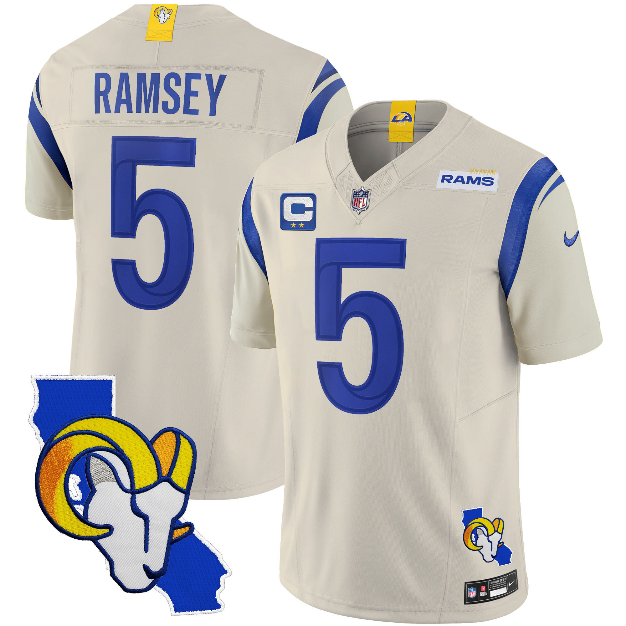 Jalen Ramsey Men's Los Angeles Rams California Patch Vapor Limited Bone Jersey - All Stitched 