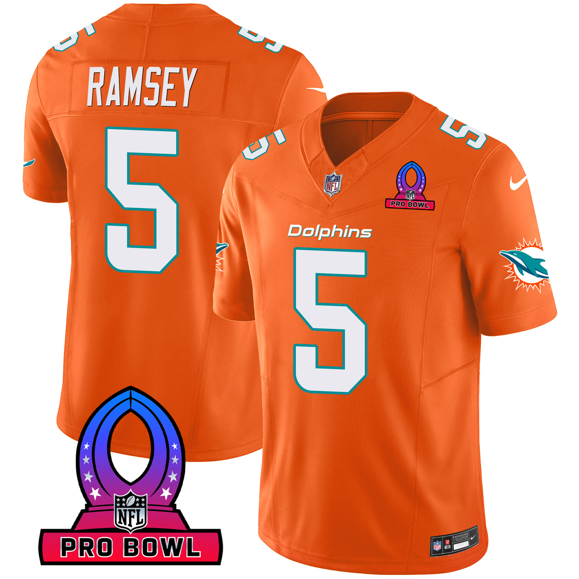 Jalen Ramsey Men's Miami Dolphins 2024 Pro Bowl Patch Vapor Orange Jersey - All Stitched 