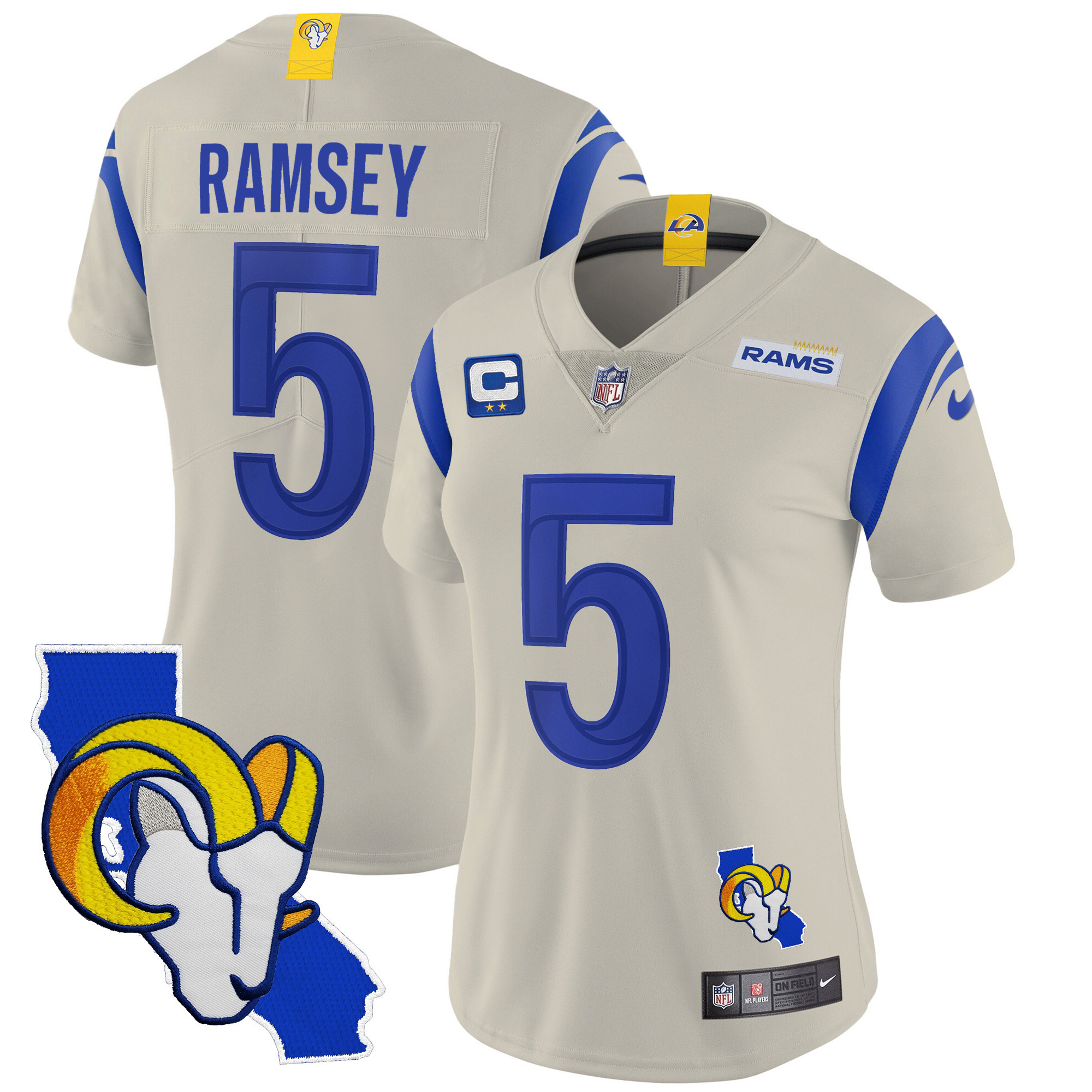 Jalen Ramsey Women's Los Angeles Rams California Patch Vapor Limited Bone Jersey - All Stitched 