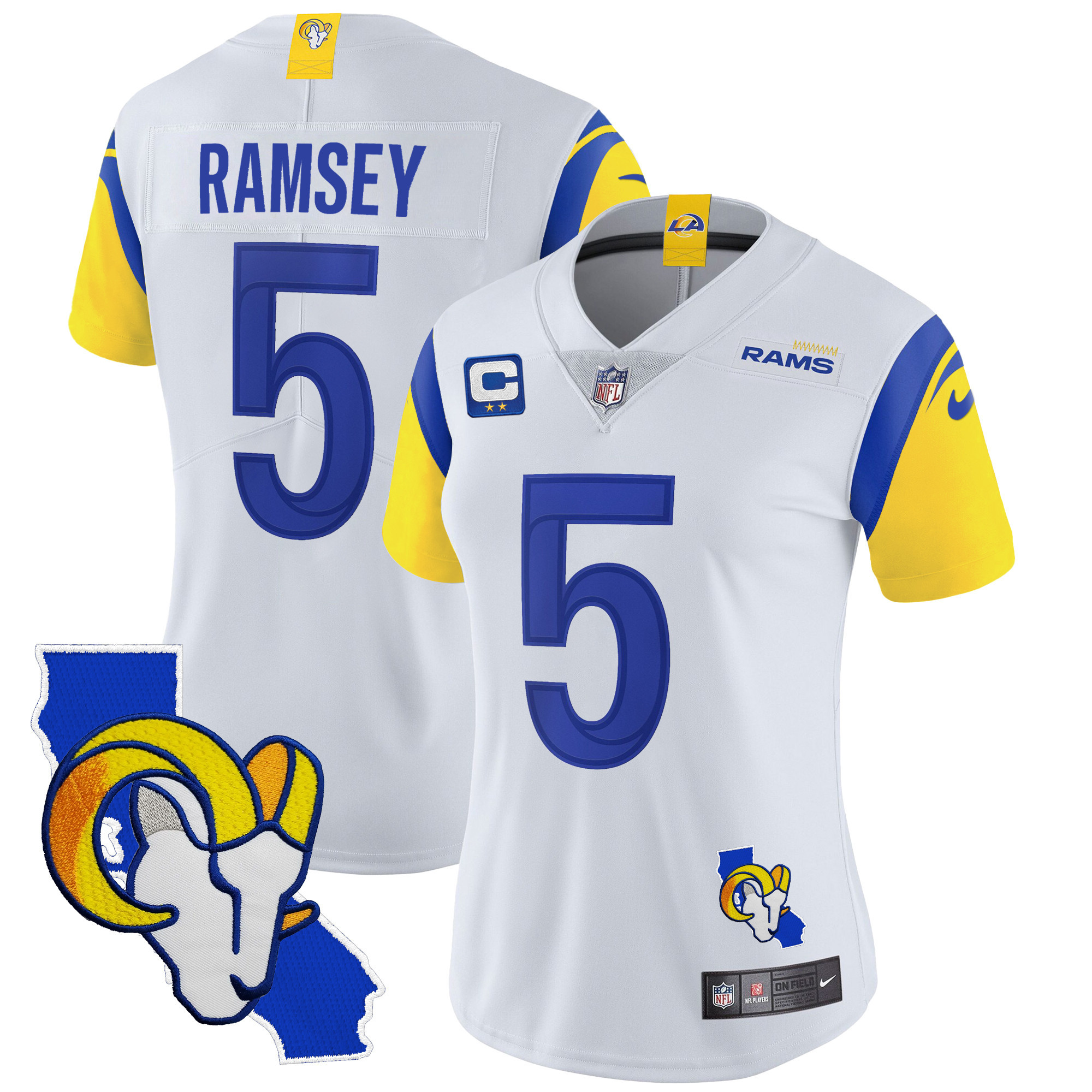 Jalen Ramsey Women's Los Angeles Rams California Patch Vapor Limited White Jersey - All Stitched 