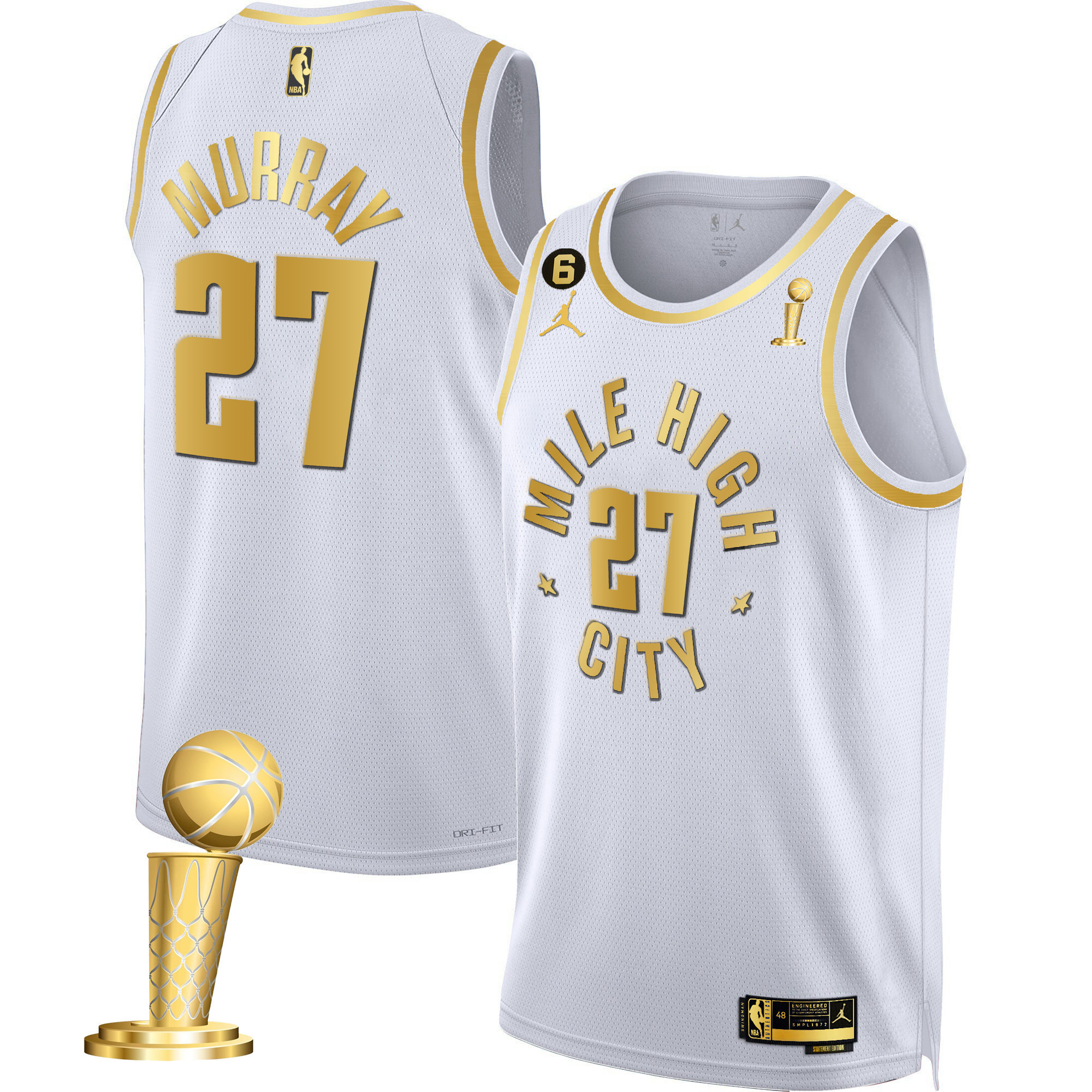 Jamal Murray Men's Denver Nuggets 2023 Champions Black & White Gold Statement White Jersey - All Stitched