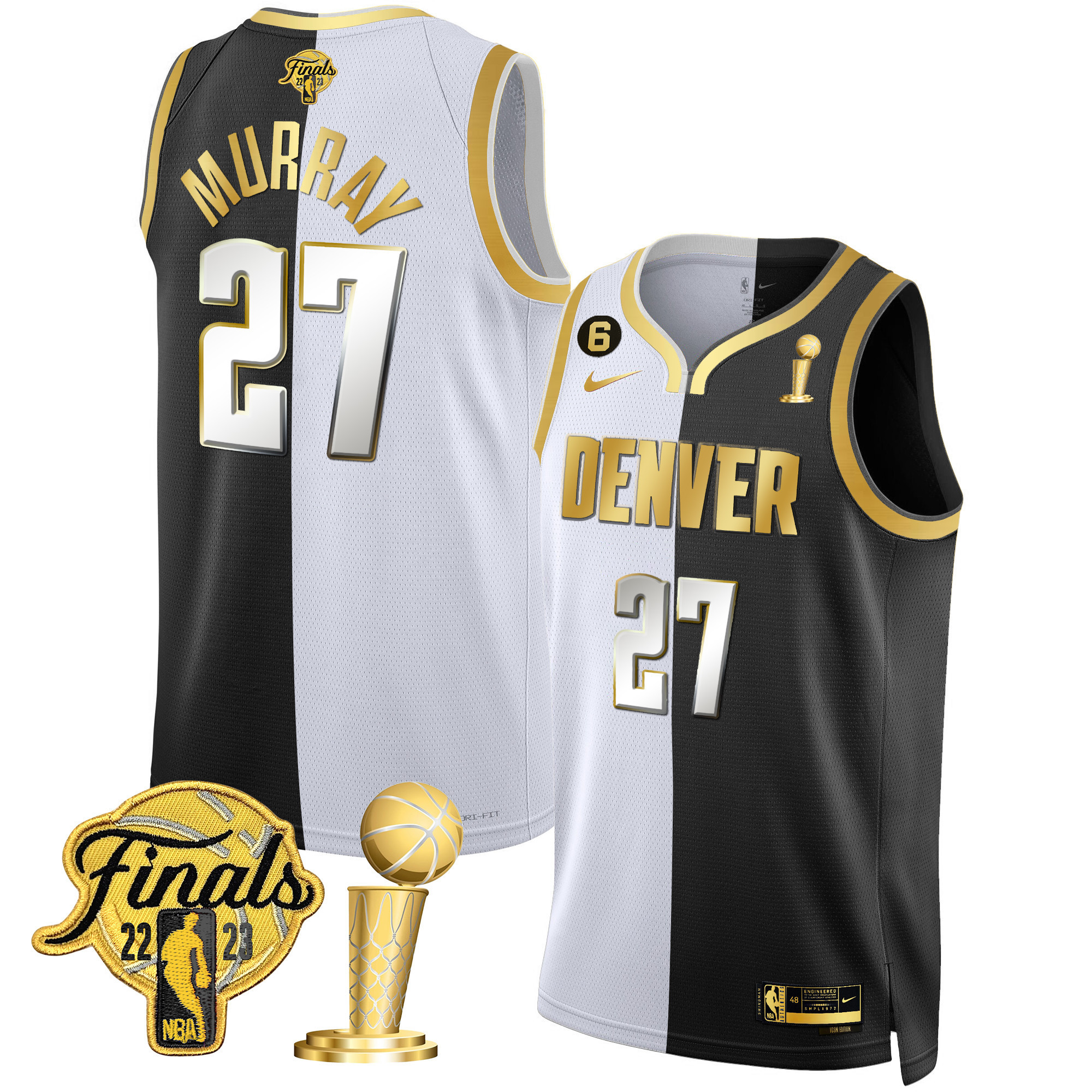Jamal Murray Men's Denver Nuggets 2023 Finals & Champions Black & White Gold Split Limited Jersey - All Stitched