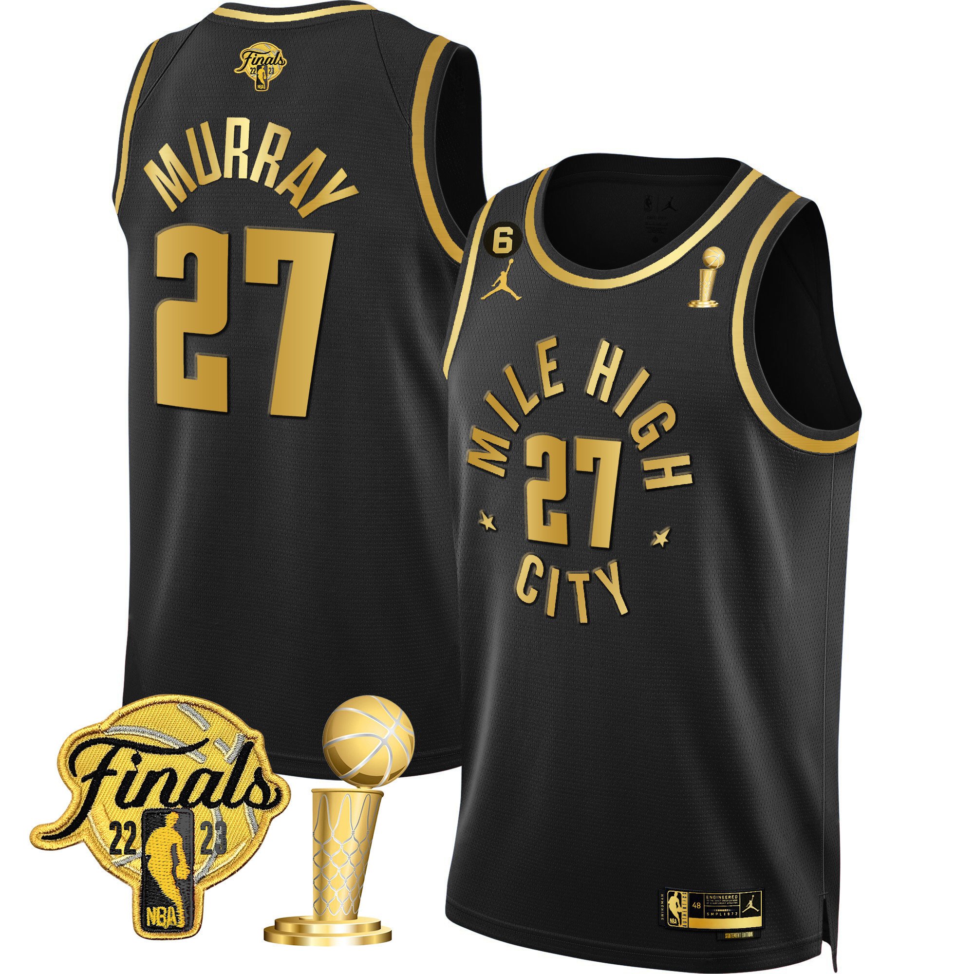 Jamal Murray Men's Denver Nuggets 2023 Finals & Champions Black & White Gold Statement Black Jersey - All Stitched