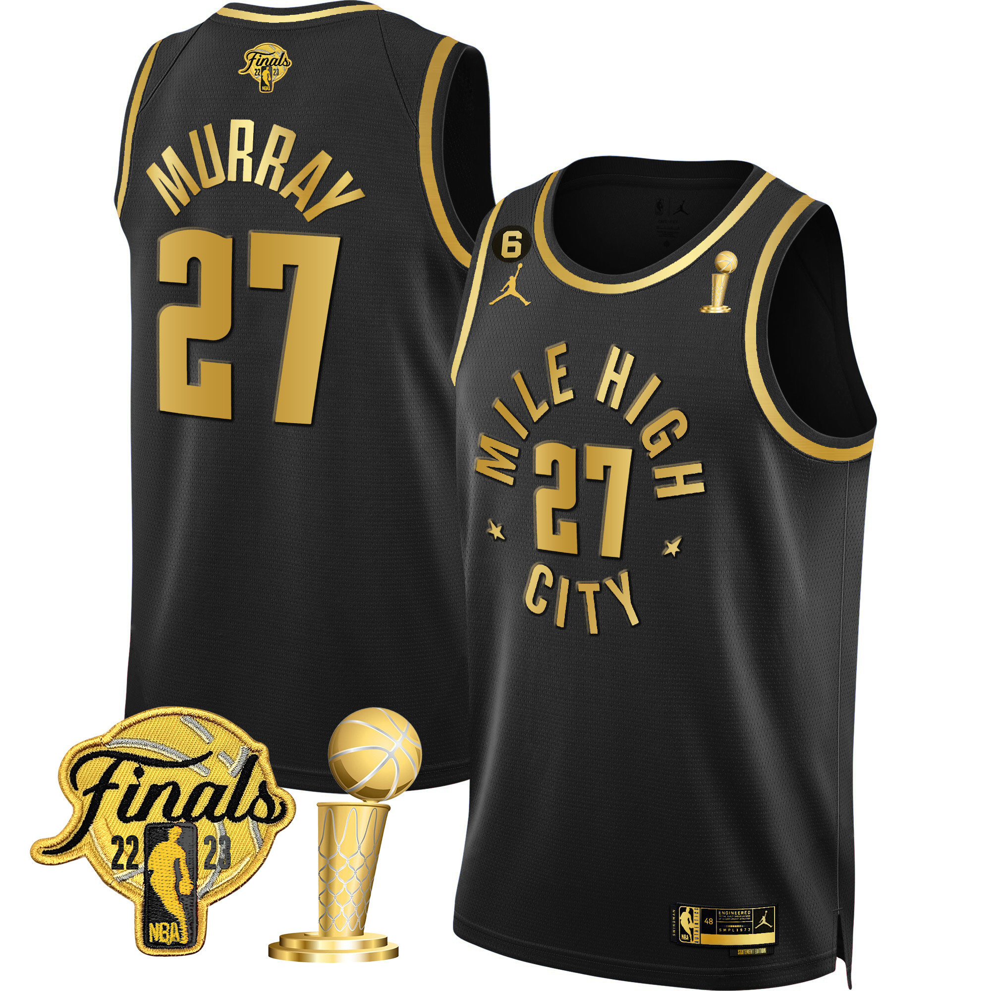 Jamal Murray Men's Denver Nuggets 2023 Finals & Champions Black & White Gold Statement Black Jersey - All Stitched