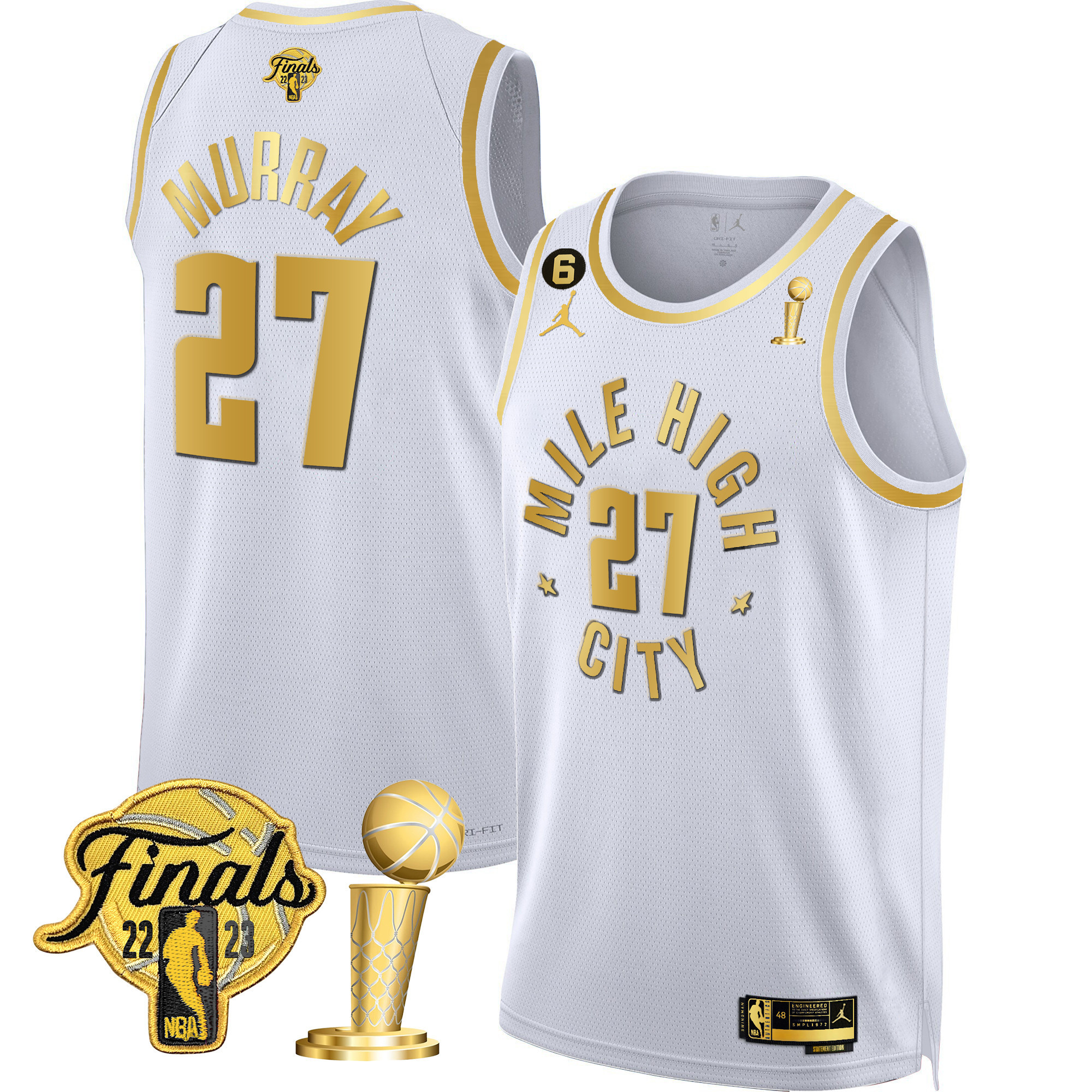 Jamal Murray Men's Denver Nuggets 2023 Finals & Champions Black & White Gold Statement White Jersey - All Stitched