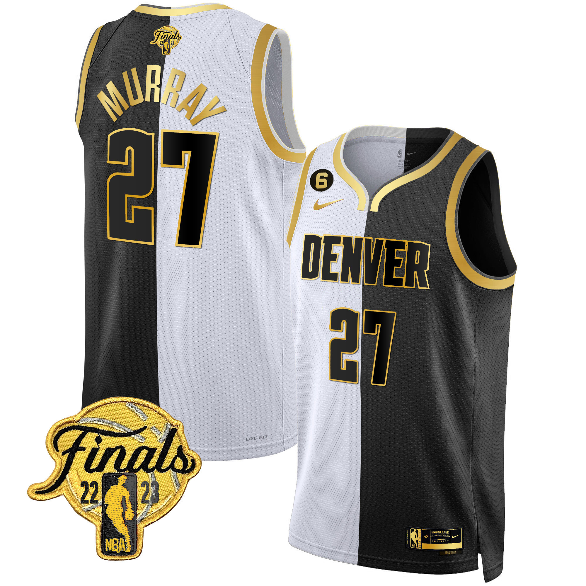Jamal Murray Men's Denver Nuggets 2023 Finals Patch Black & White Gold Split Jersey - All Stitched