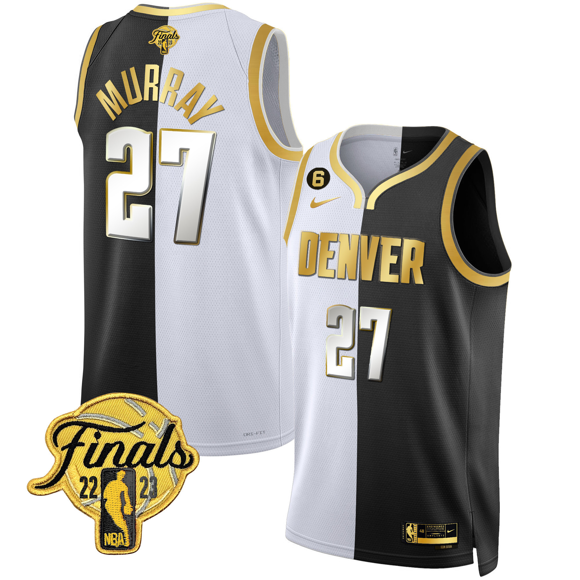 Jamal Murray Men's Denver Nuggets 2023 Finals Patch Black & White Gold Split Limited Jersey - All Stitched