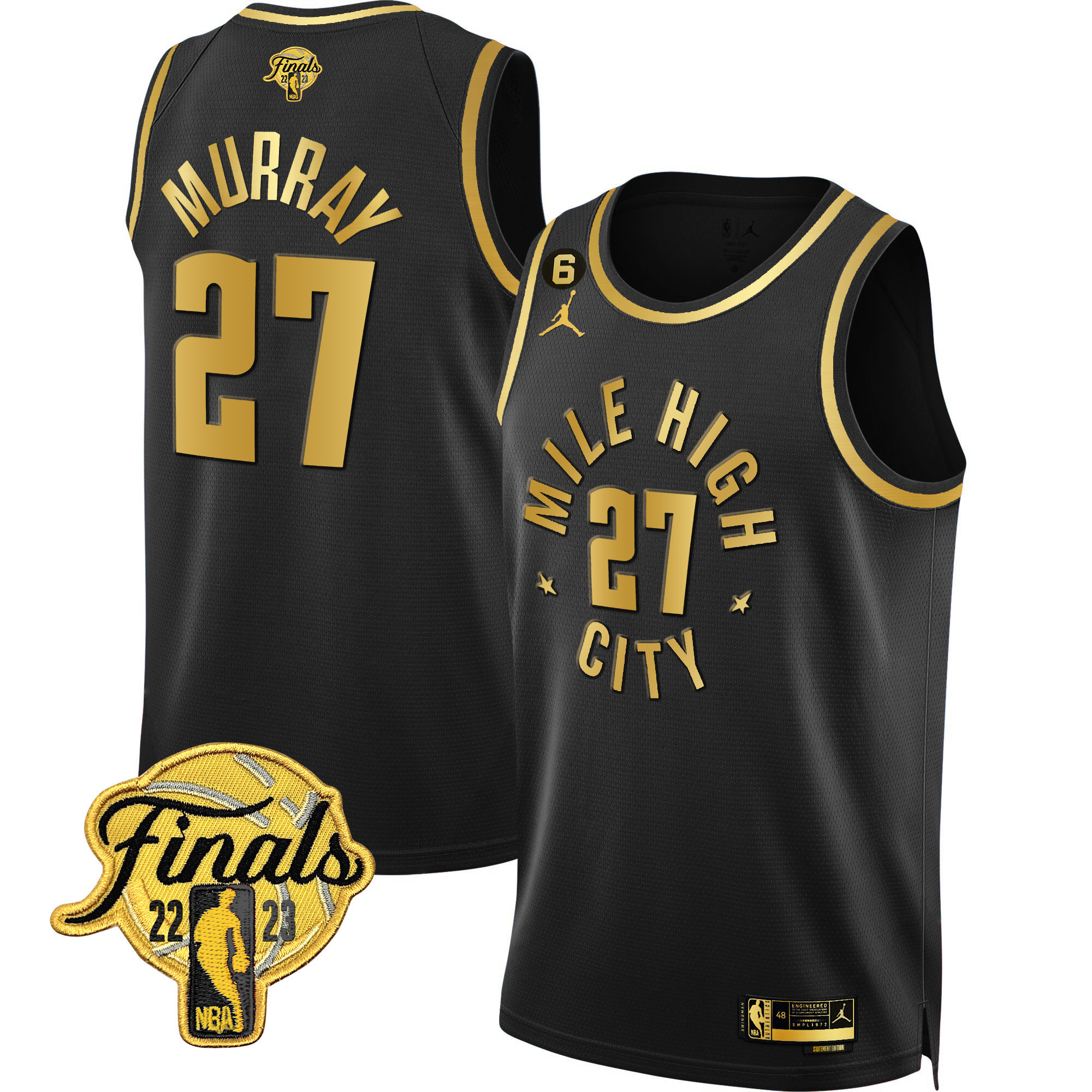 Jamal Murray Men's Denver Nuggets 2023 Finals Patch Black & White Gold Statement Black Jersey - All Stitched