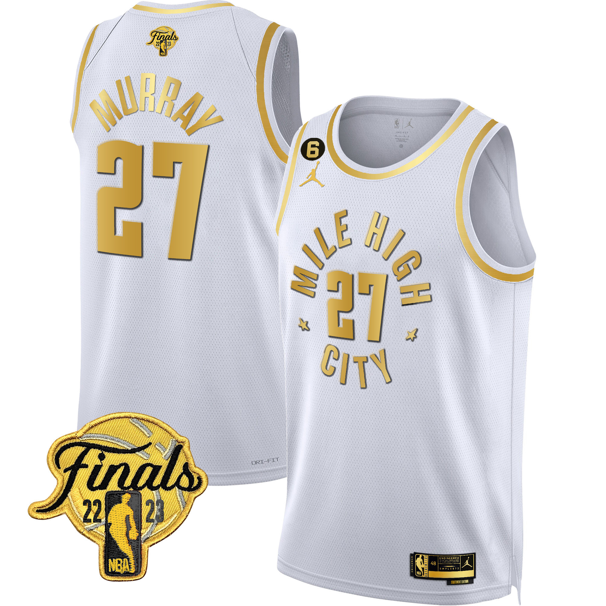 Jamal Murray Men's Denver Nuggets 2023 Finals Patch Black & White Gold Statement White Jersey - All Stitched