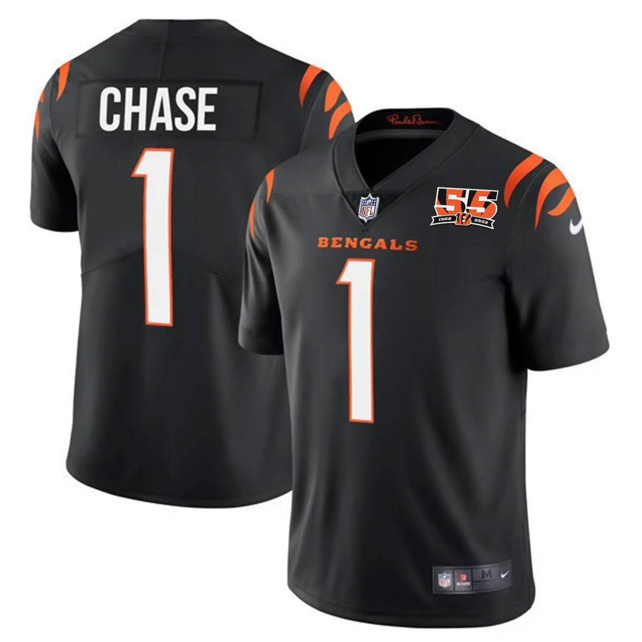 Ja'Marr Chase Men's Cincinnati Bengals 55th 1968 - 2022 Anniversary Patch Player Vapor Limited Black Jersey - All Stitched 