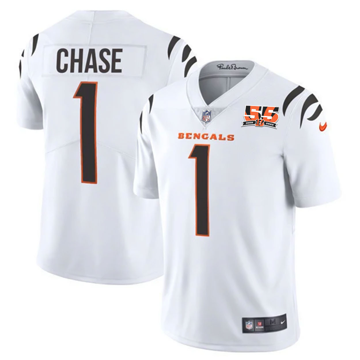 Ja'Marr Chase Men's Cincinnati Bengals 55th 1968 - 2022 Anniversary Patch Player Vapor Limited White Jersey - All Stitched 