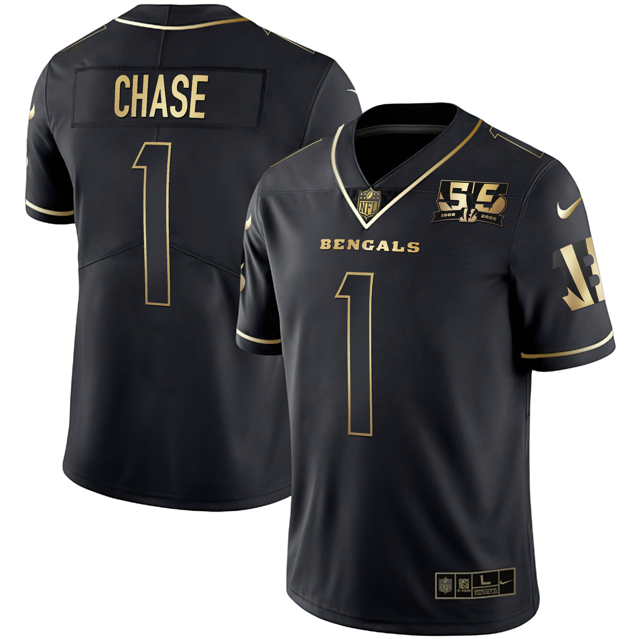 Ja'Marr Chase Men's Cincinnati Bengals 55th 1968 - 2022 Anniversary Patch White Gold & Black Gold Black Gold Jersey - All Stitched 