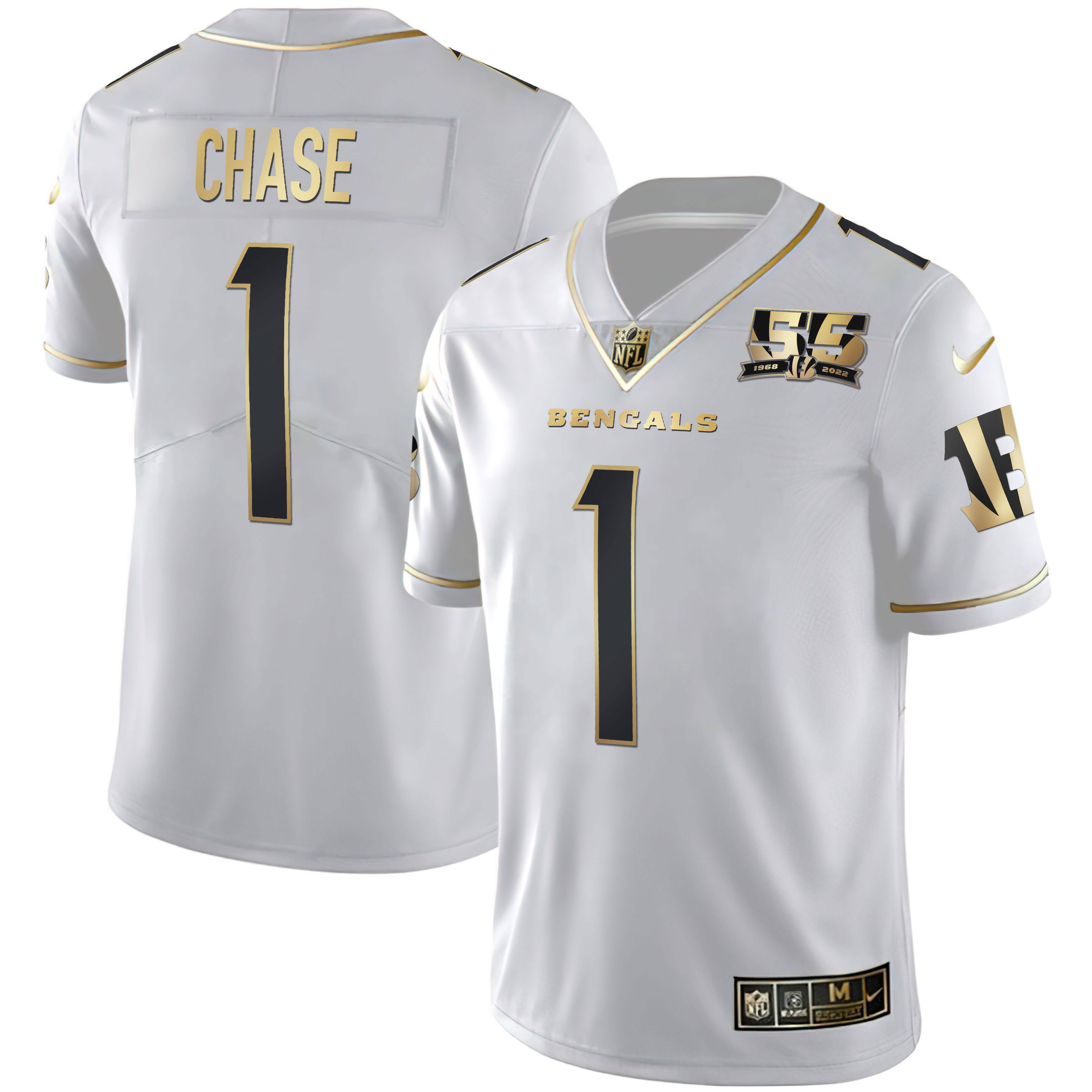 Ja'Marr Chase Men's Cincinnati Bengals 55th 1968 - 2022 Anniversary Patch White Gold & Black Gold White Gold Jersey - All Stitched 