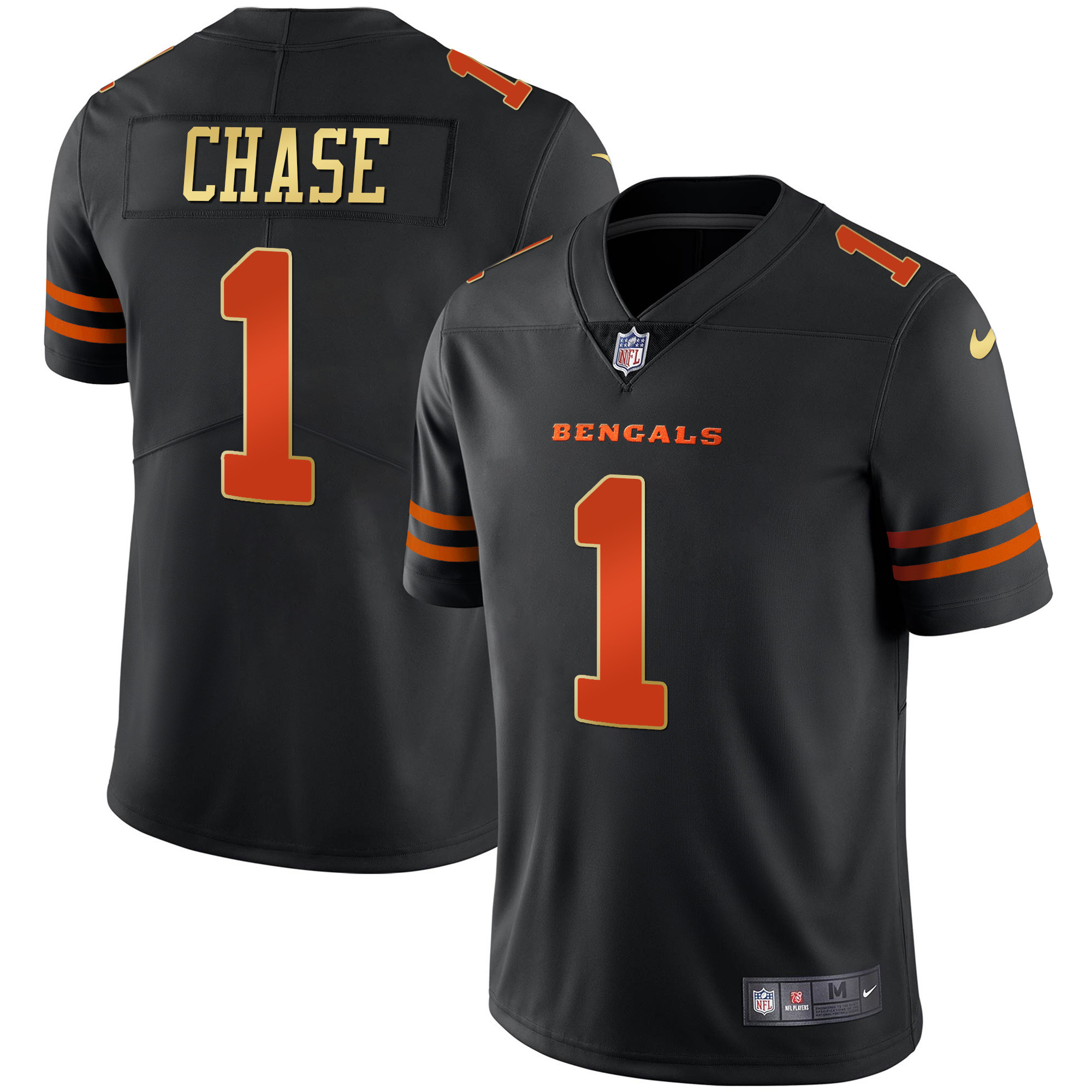Ja'Marr Chase Men's Cincinnati Bengals Black Gold & White Gold Vapor Black Orange Jersey - All Stitched 