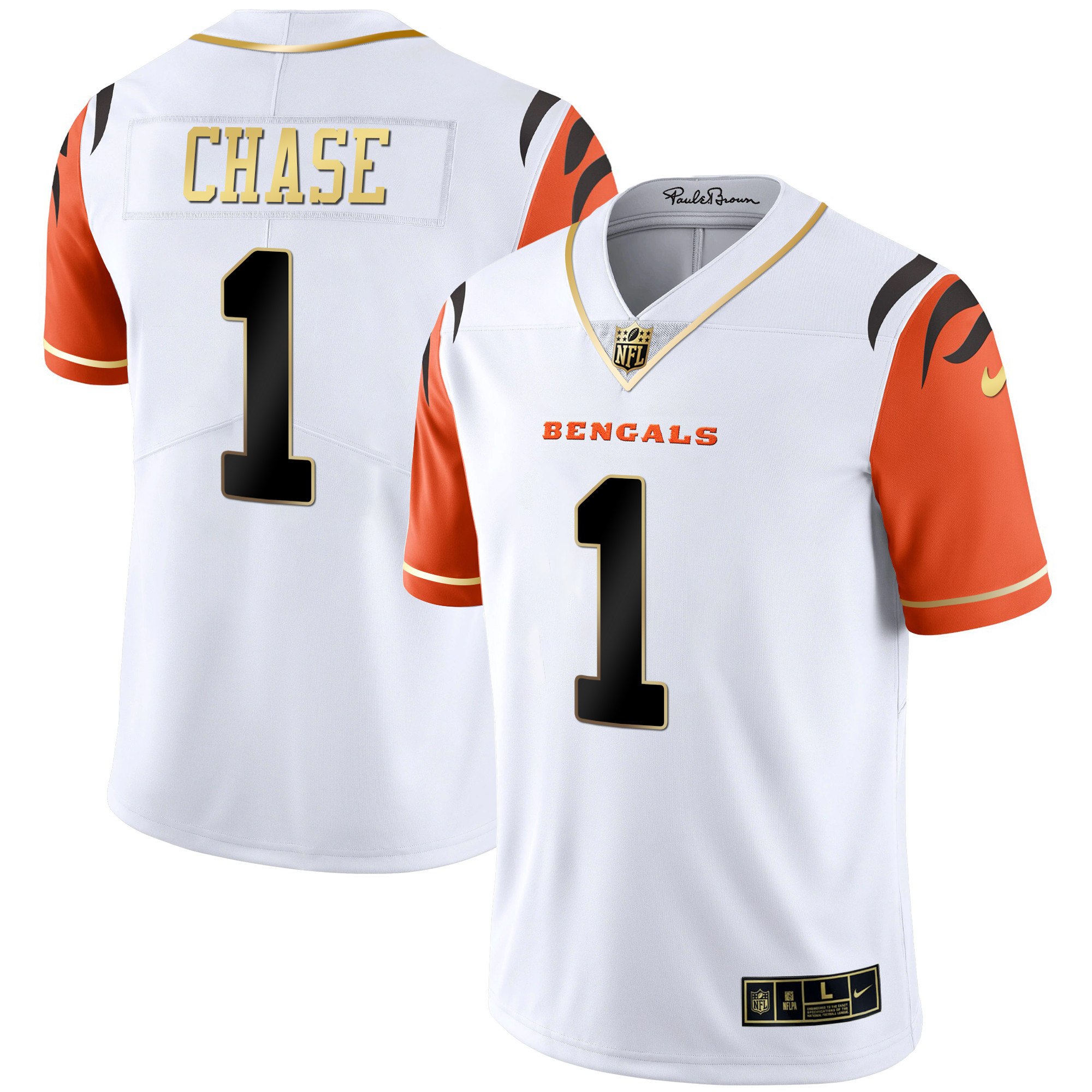 Ja'Marr Chase Men's Cincinnati Bengals Black Gold & White Gold Vapor Orange Sleeves Jersey - All Stitched 
