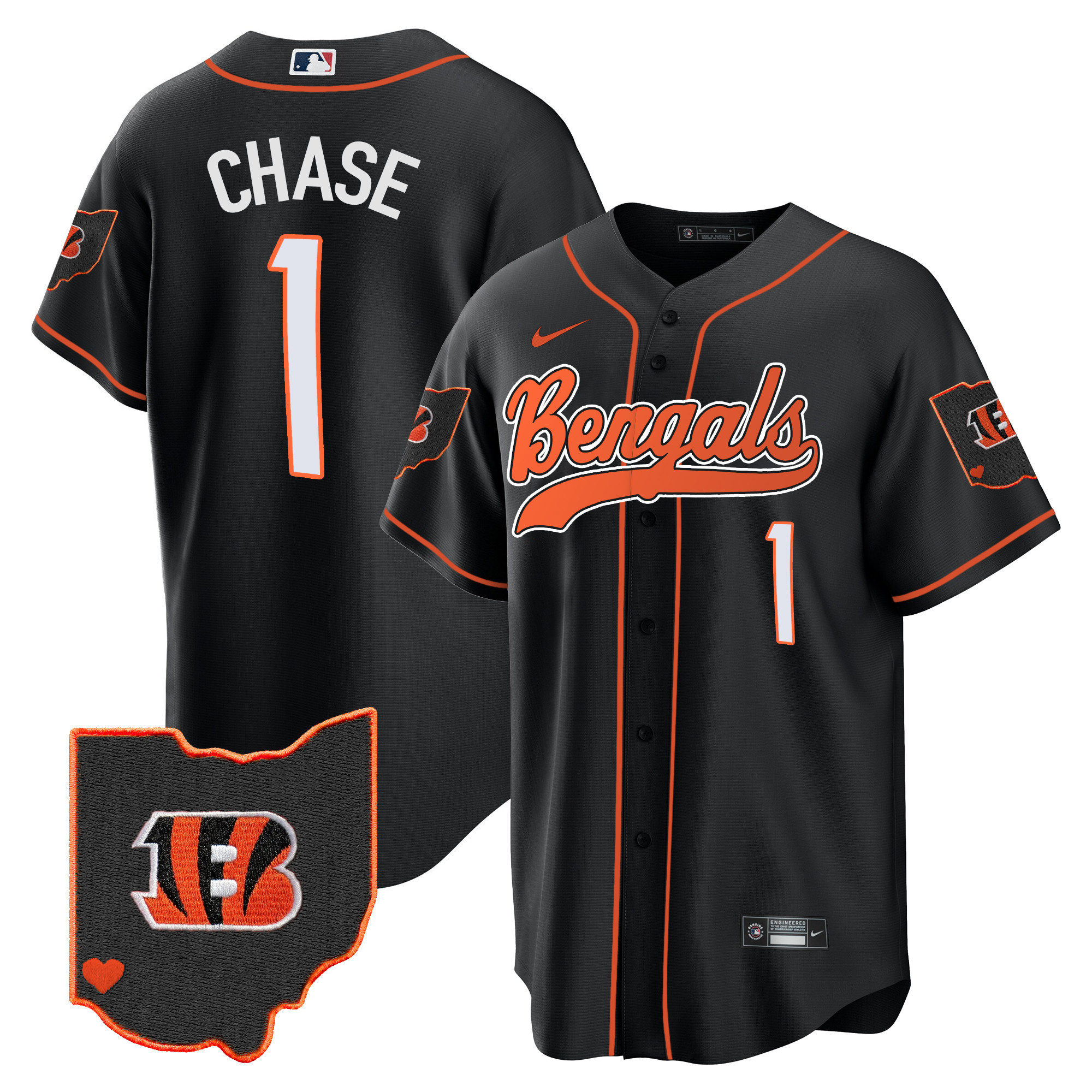 Ja'Marr Chase Men's Cincinnati Bengals Ohio Patch Baseball Black Jersey - All Stitched 