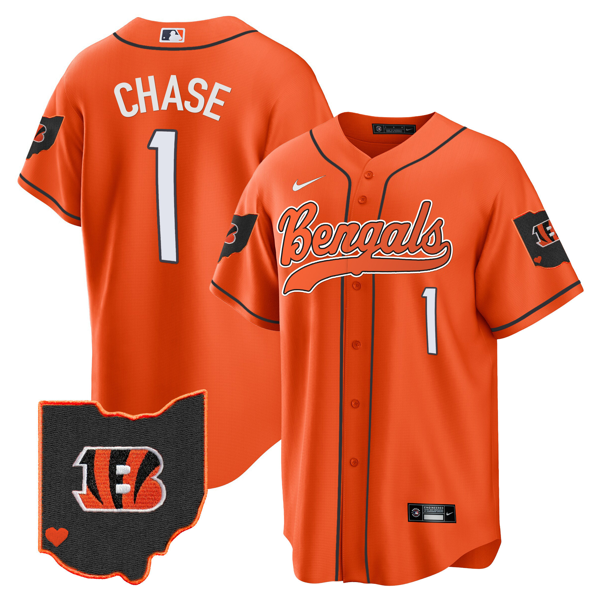 Ja'Marr Chase Men's Cincinnati Bengals Ohio Patch Baseball Orange Jersey - All Stitched 