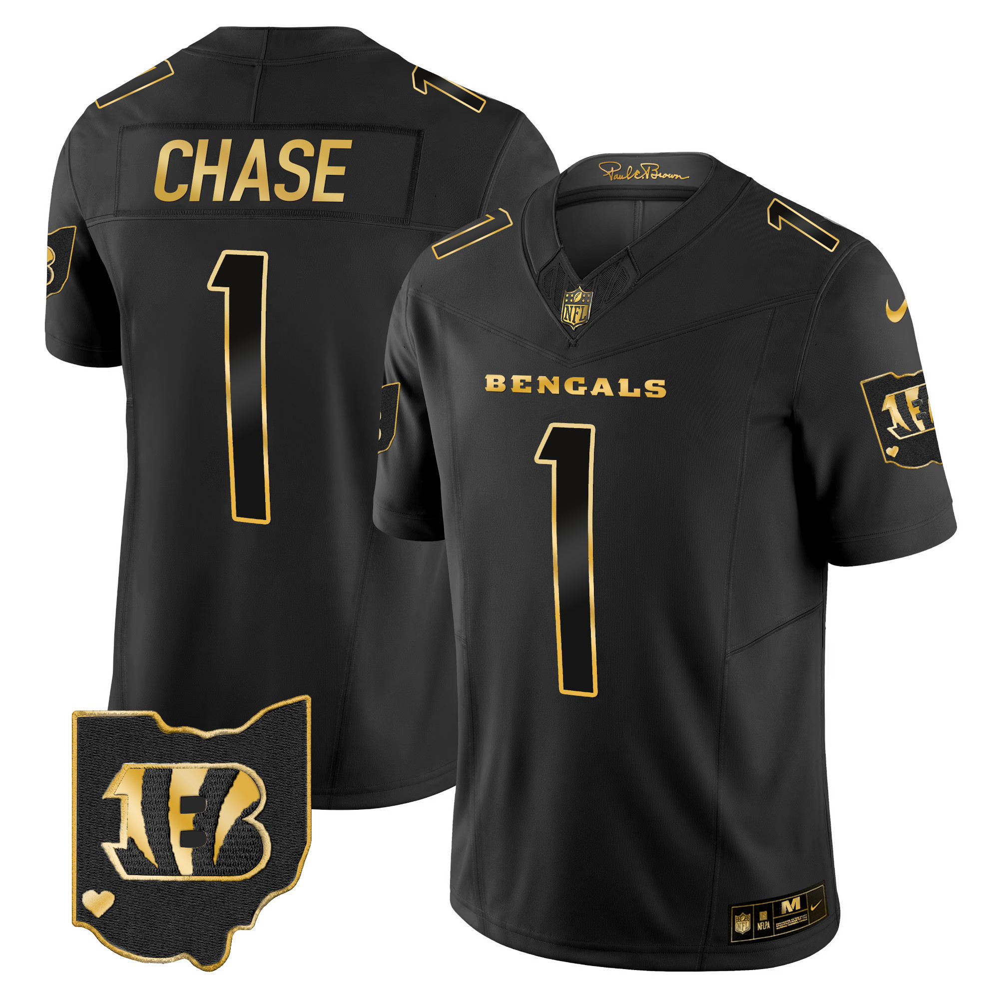 Ja'Marr Chase Men's Cincinnati Bengals Ohio Patch Gold Vapor Limited Black Gold Jersey - All Stitched 