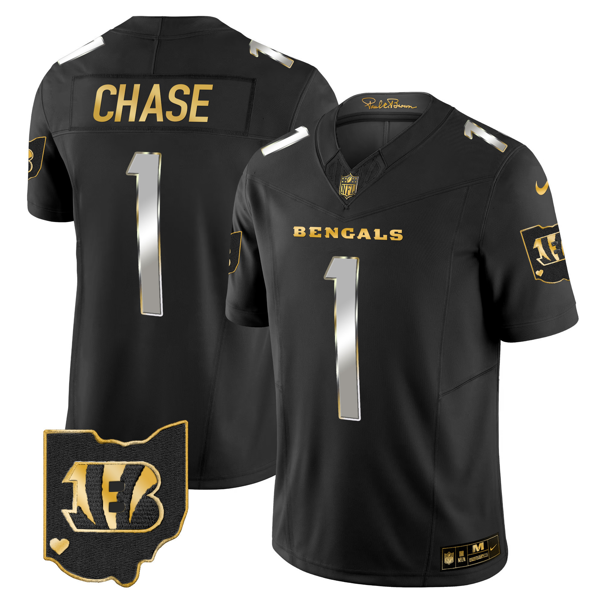 Ja'Marr Chase Men's Cincinnati Bengals Ohio Patch Gold Vapor Limited Black Limited Jersey - All Stitched 