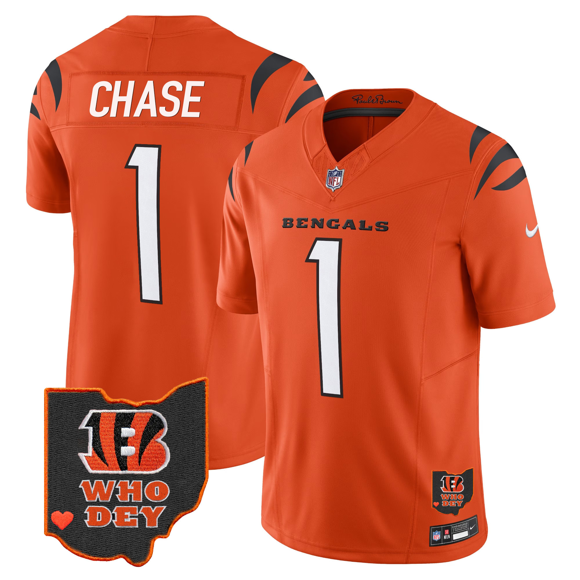 Ja'Marr Chase Men's Cincinnati Bengals Ohio Patch Vapor Limited Orange Jersey - All Stitched 