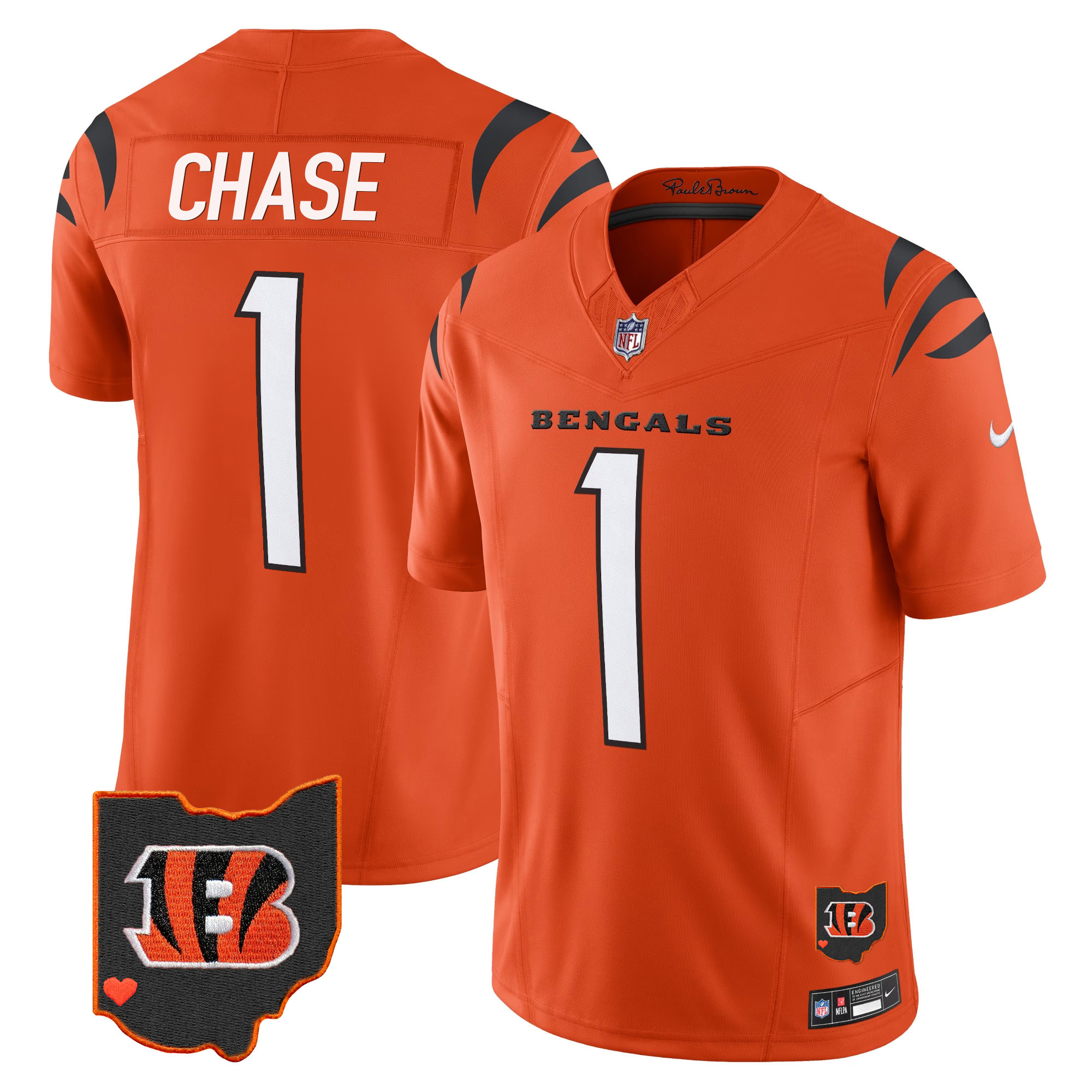 Ja'Marr Chase Men's Cincinnati Bengals Ohio Patch Vapor Limited Orange Jersey - All Stitched 