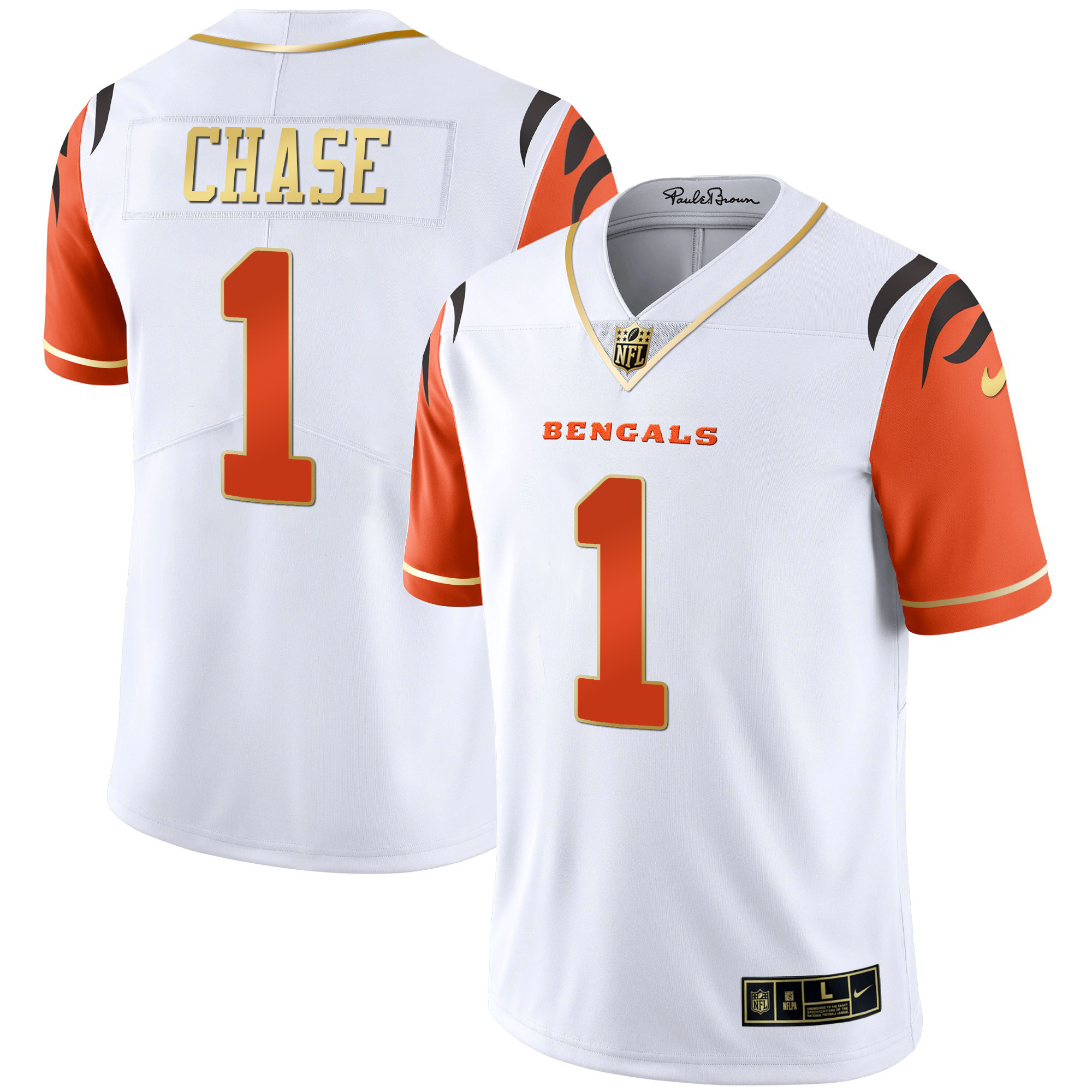 Ja'Marr Chase Women's Cincinnati Bengals Black Gold Vapor Orange Sleeves Jersey - All Stitched 