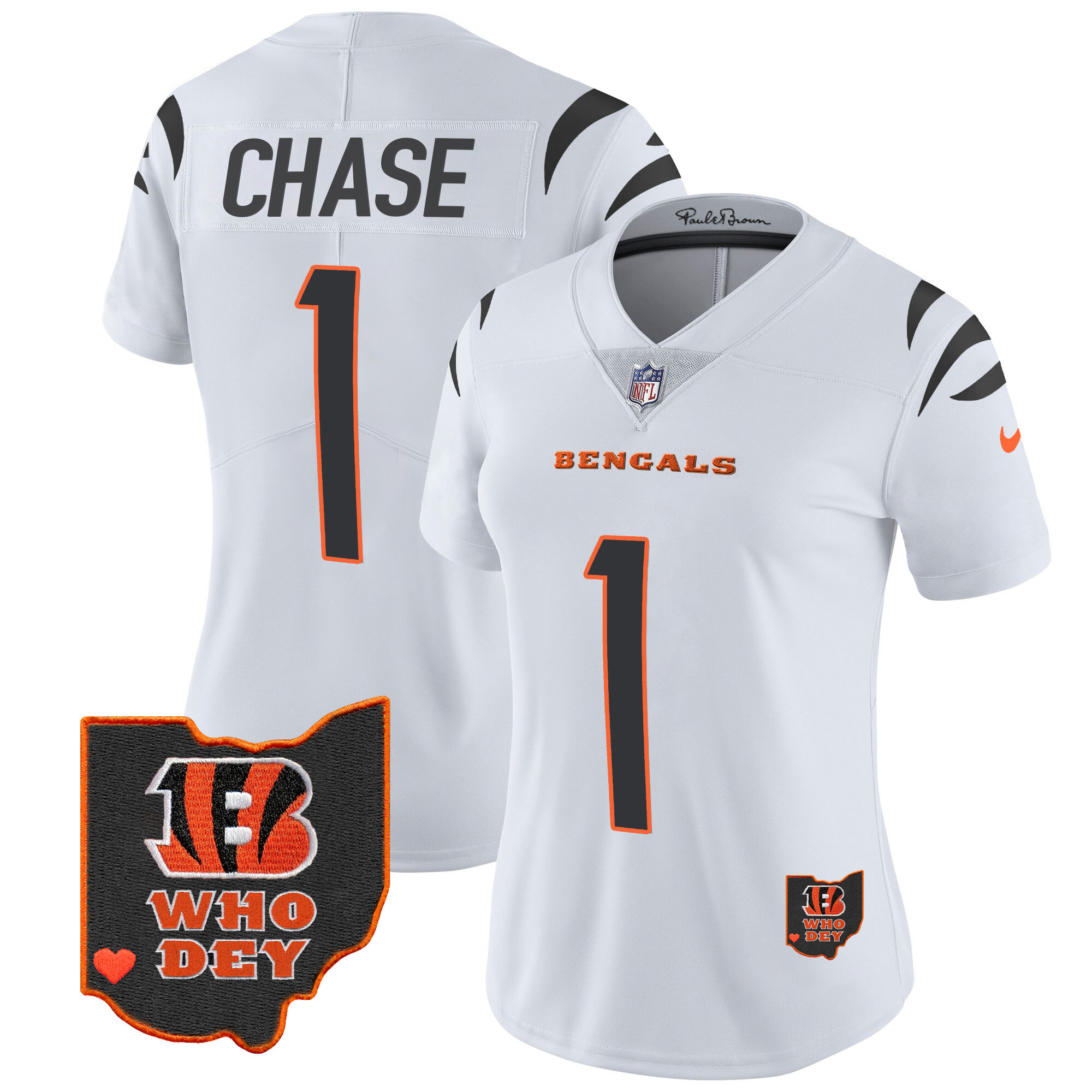 Ja'Marr Chase Women's Cincinnati Bengals Ohio Patch Vapor Limited White Jersey - All Stitched 