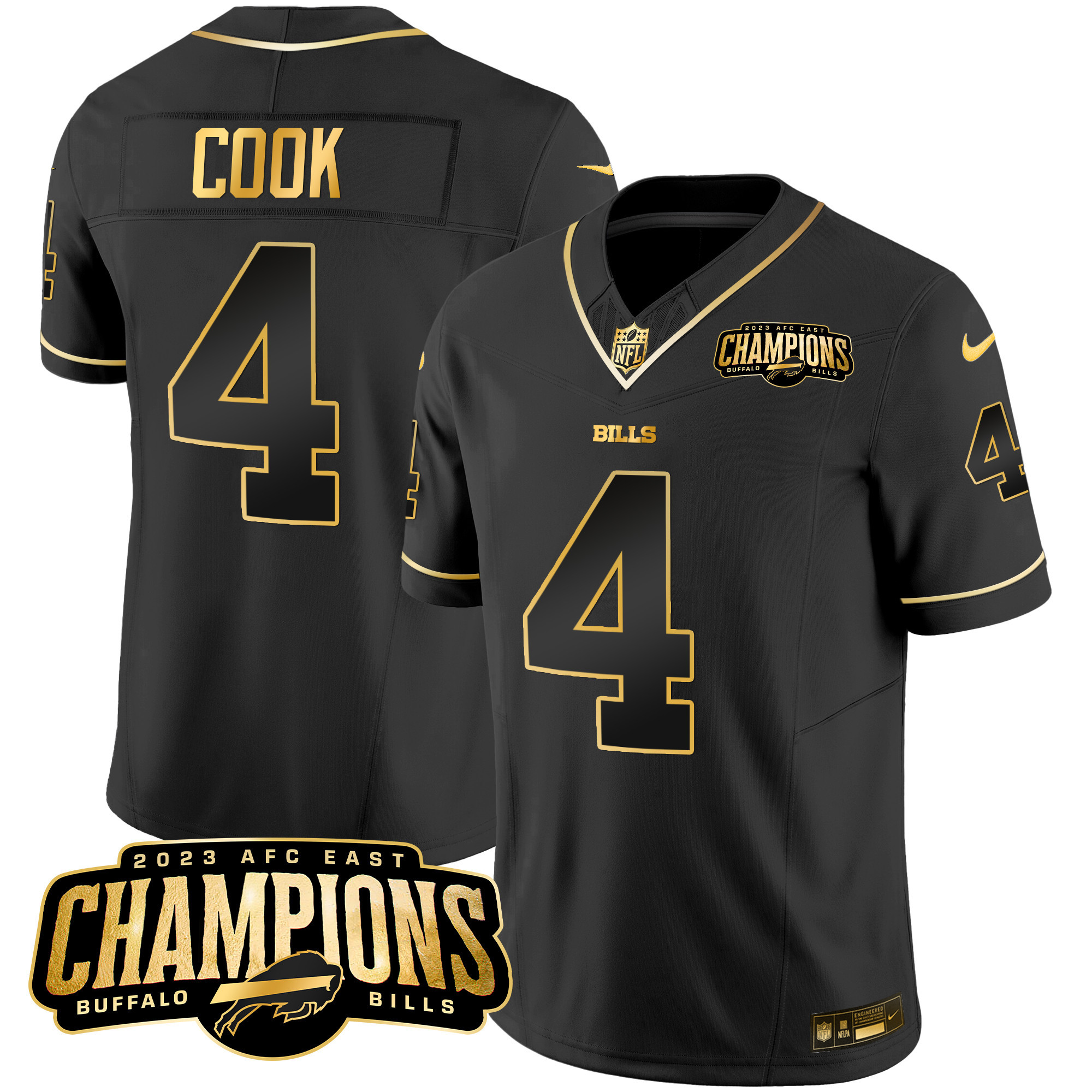 James Cook Men's Buffalo Bills 2023 AFC East Champions Patch Gold Vapor Black Gold Jersey - All Stitched 