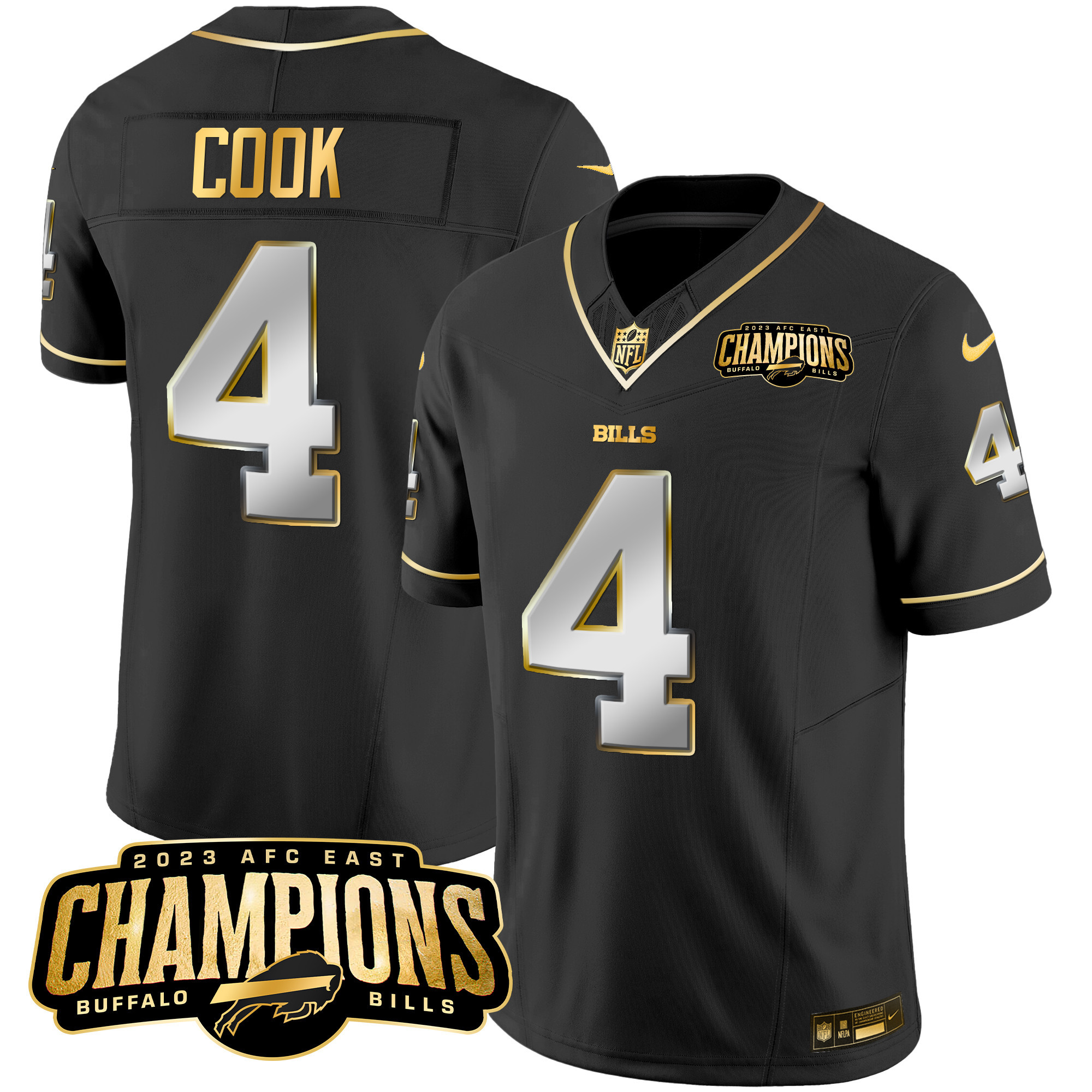 James Cook Men's Buffalo Bills 2023 AFC East Champions Patch Gold Vapor Black Limited Jersey - All Stitched 