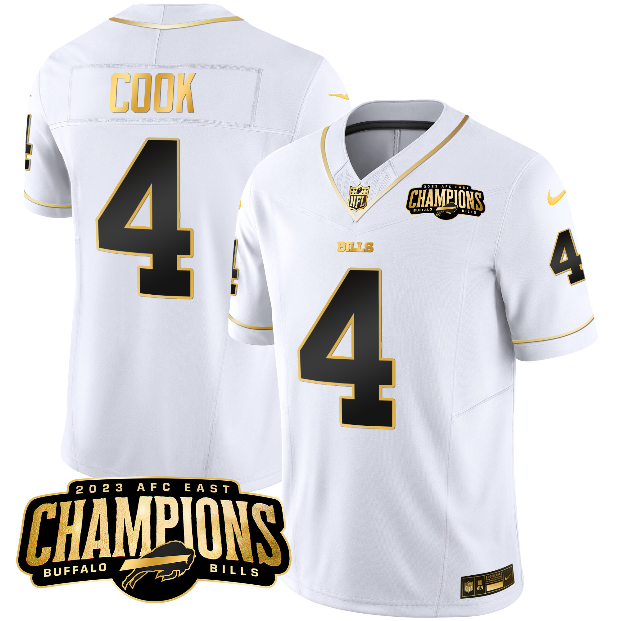 James Cook Men's Buffalo Bills 2023 AFC East Champions Patch Gold Vapor White Gold Jersey - All Stitched 