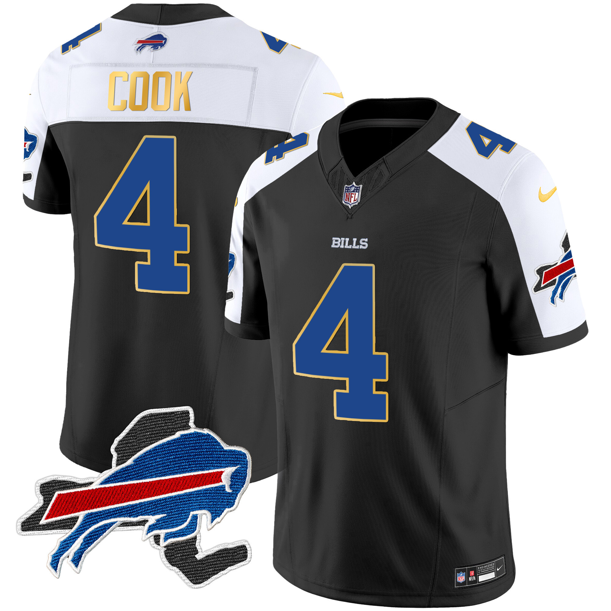 James Cook Men's Buffalo Bills New York Patch Gold Trim Vapor Black Alternate Jersey - All Stitched 