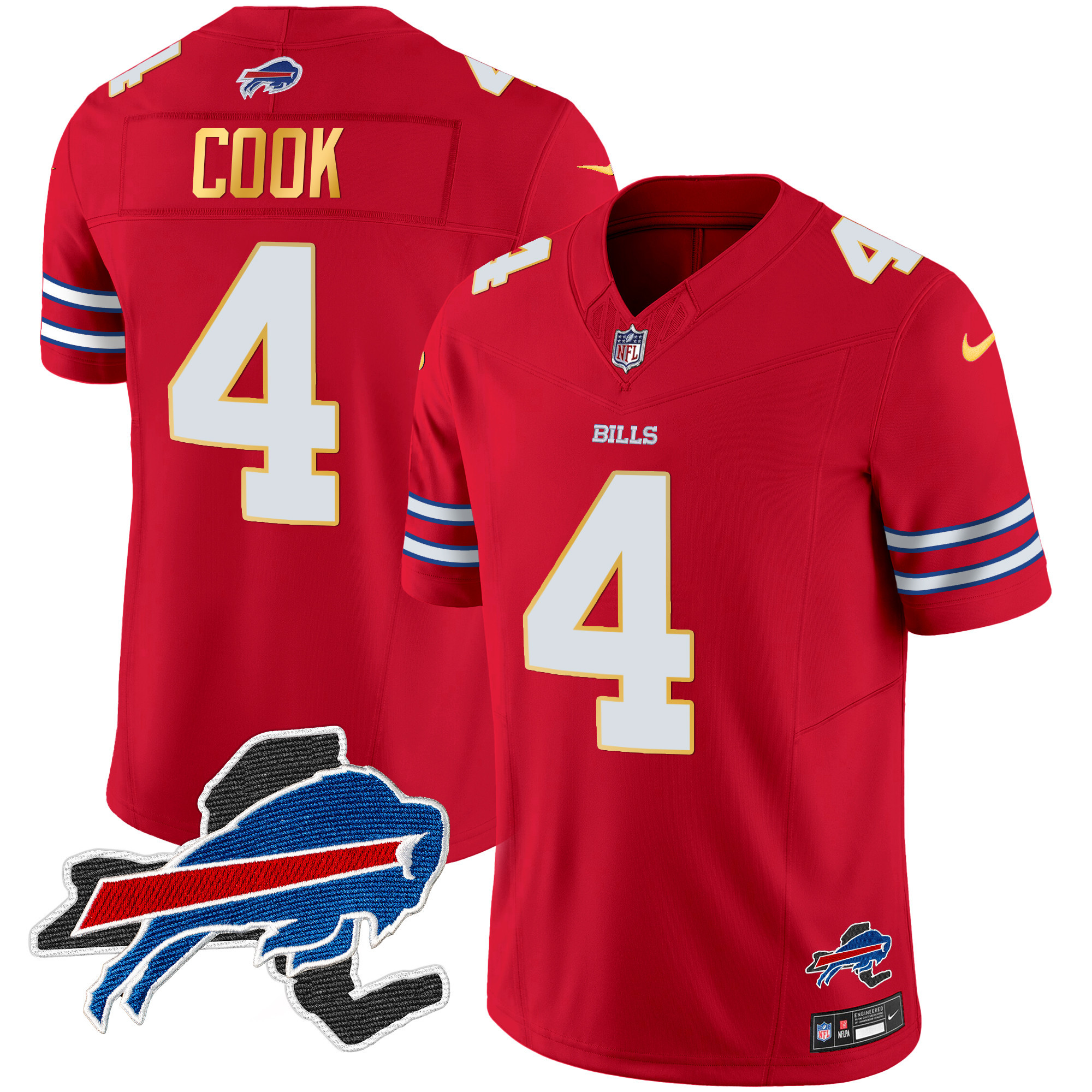 James Cook Men's Buffalo Bills New York Patch Gold Trim Vapor Red Jersey - All Stitched 