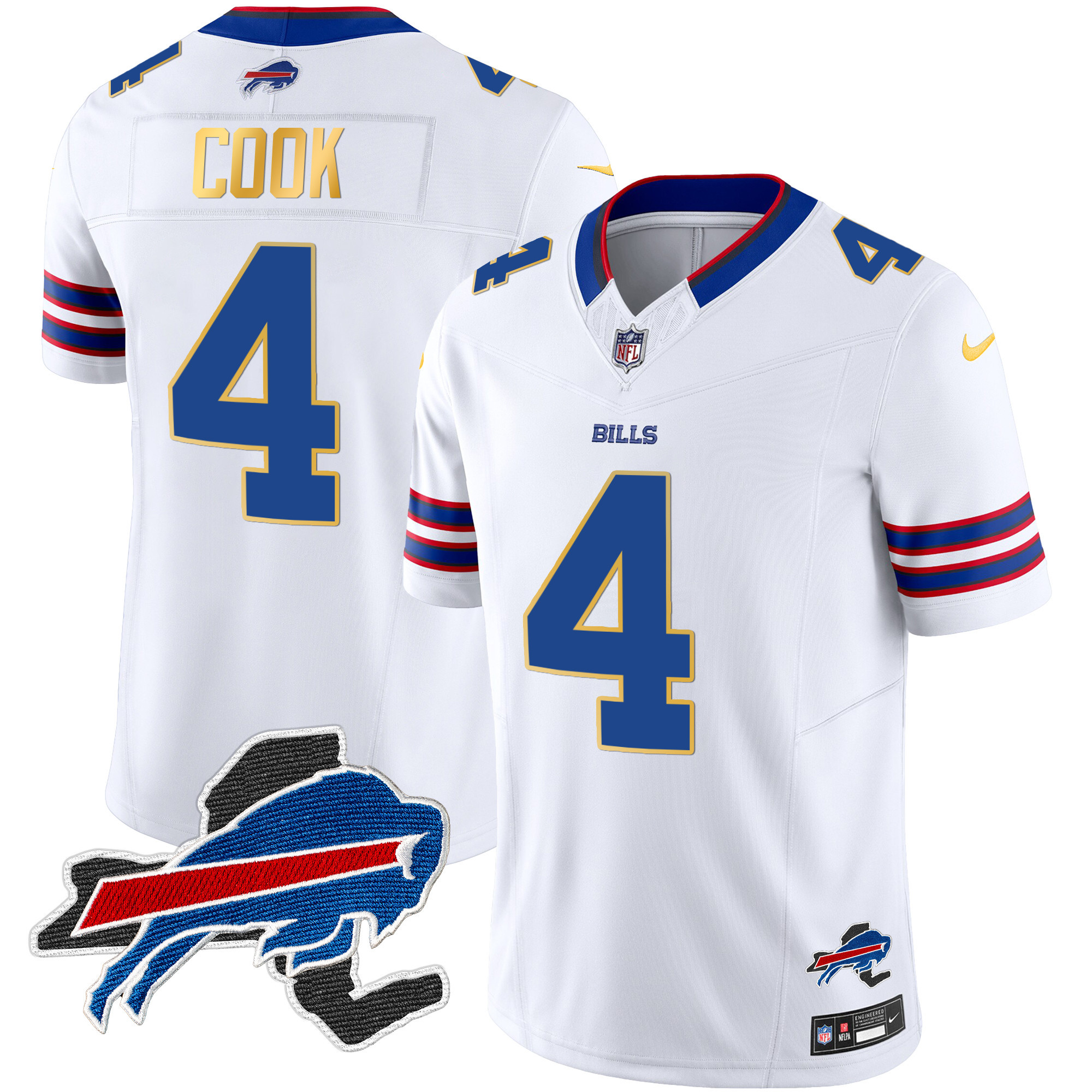 James Cook Men's Buffalo Bills New York Patch Gold Trim Vapor White Jersey - All Stitched 