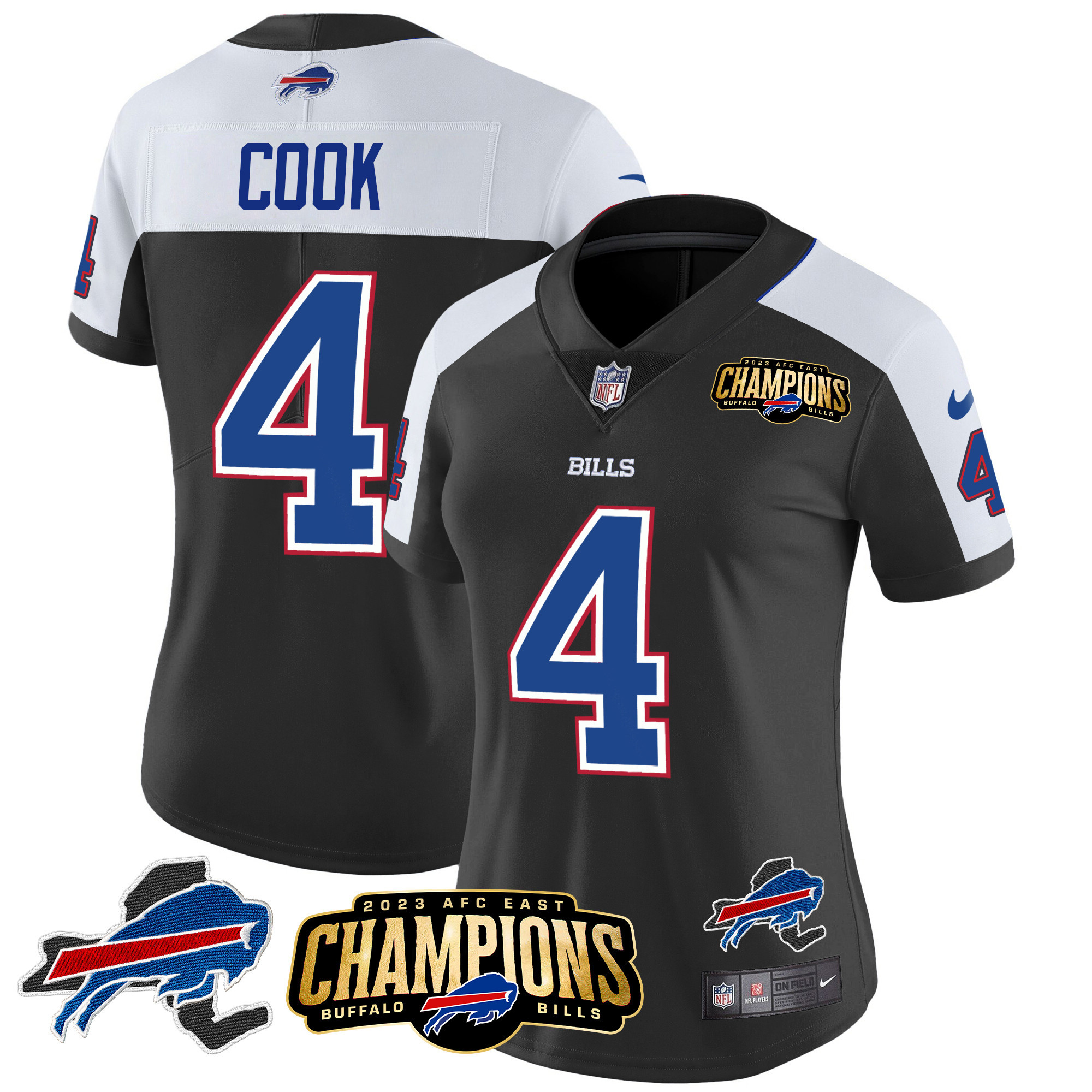 James Cook Women's Buffalo Bills 2023 AFC East Champions Patch Gold Vapor Black Alternate Jersey - All Stitched 