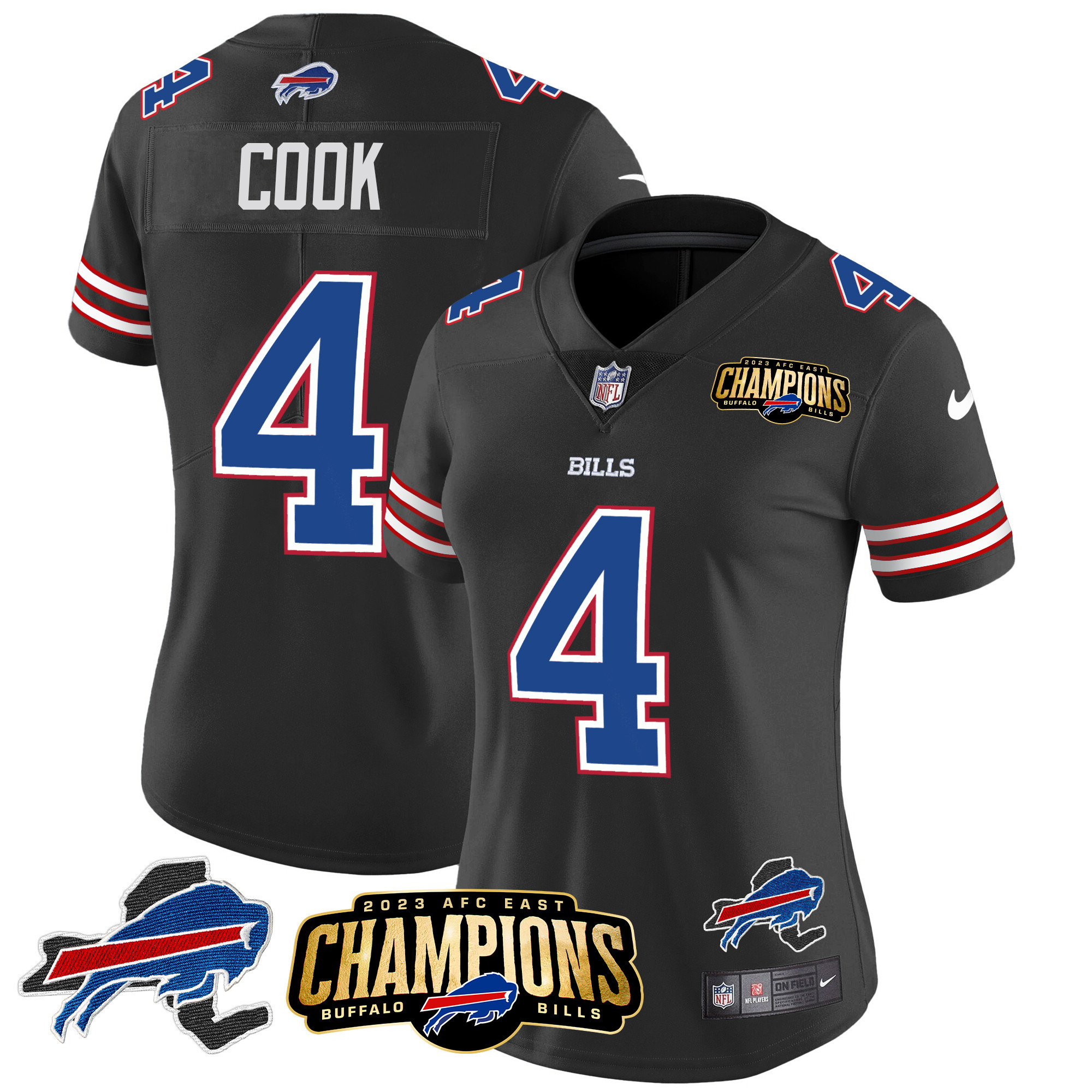 James Cook Women's Buffalo Bills 2023 AFC East Champions Patch Gold Vapor Black Jersey - All Stitched 