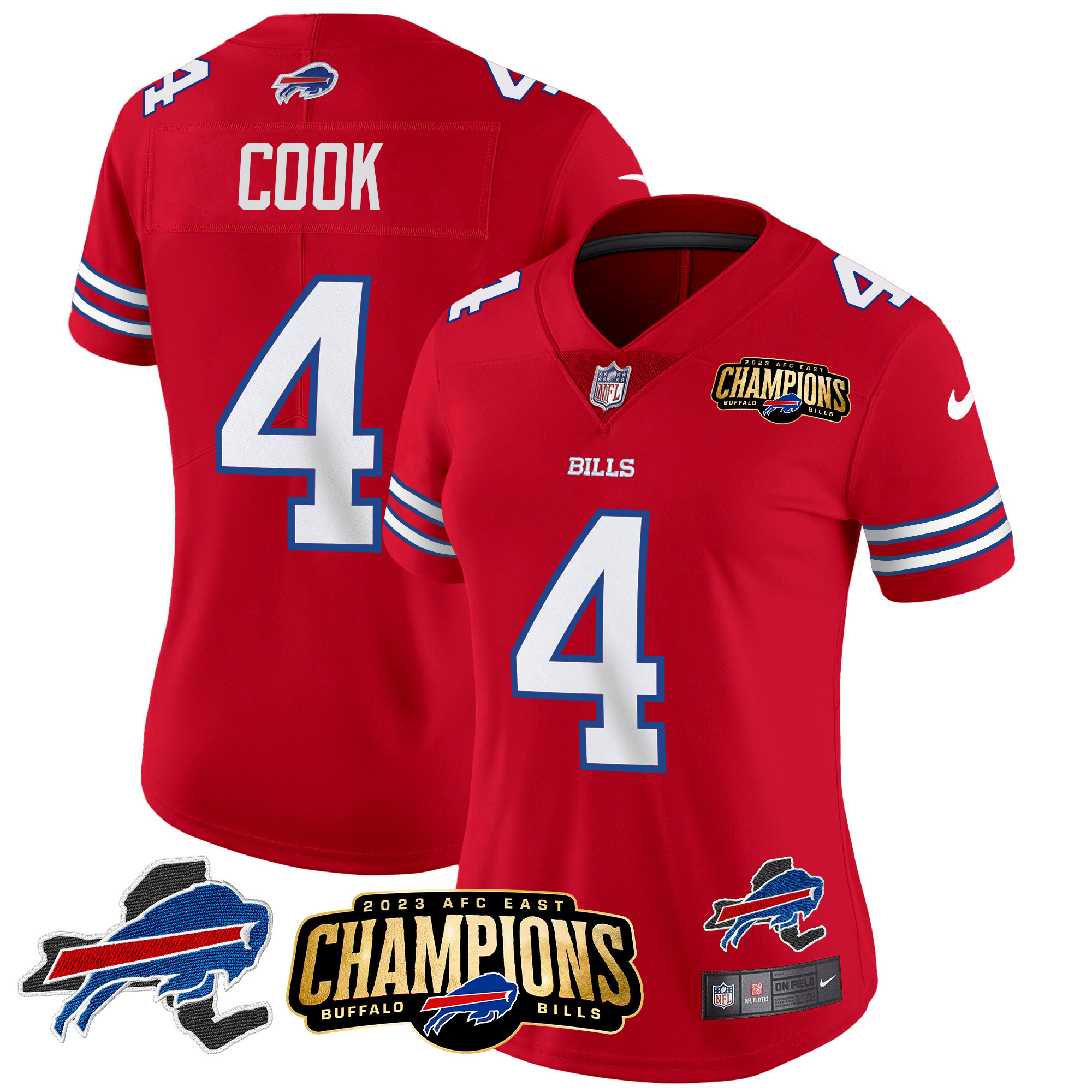 James Cook Women's Buffalo Bills 2023 AFC East Champions Patch Gold Vapor Red Jersey - All Stitched 