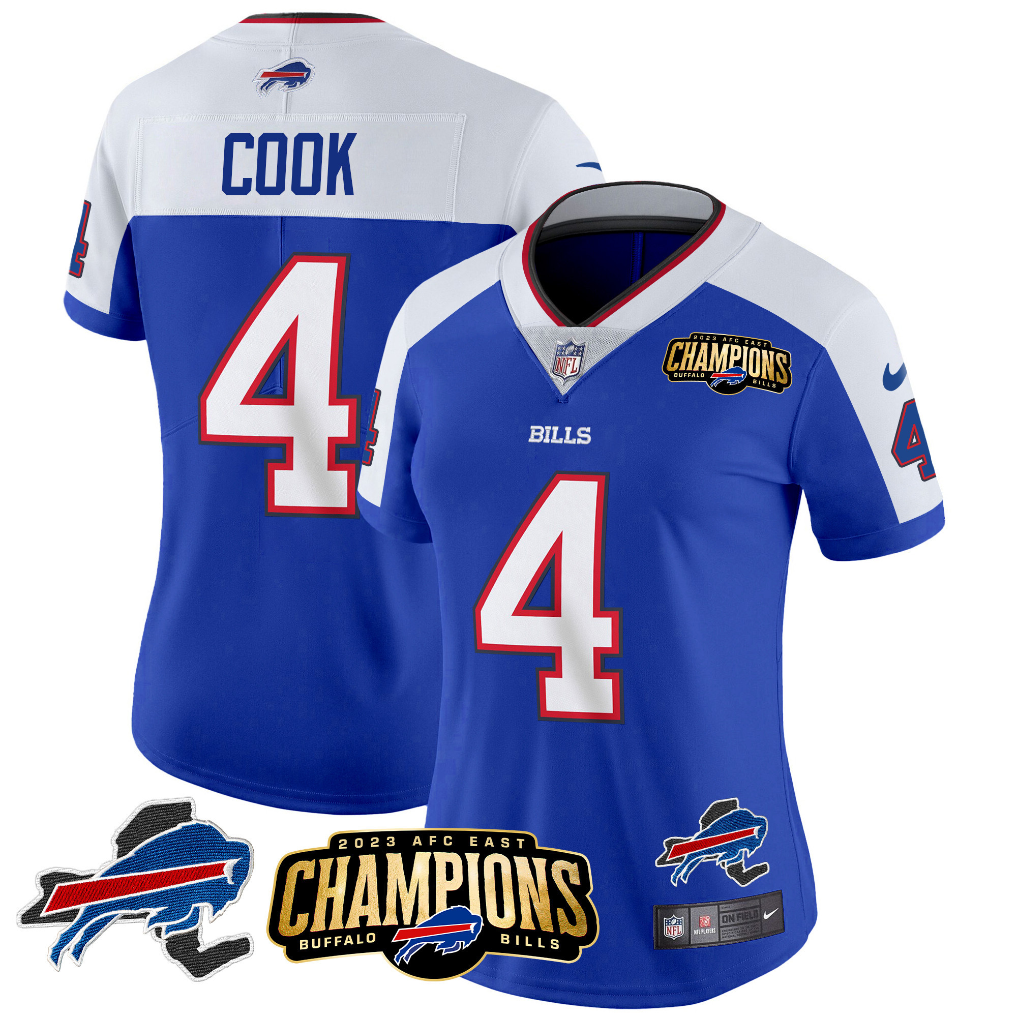 James Cook Women's Buffalo Bills 2023 AFC East Champions Patch Gold Vapor Royal Alternate Jersey - All Stitched 
