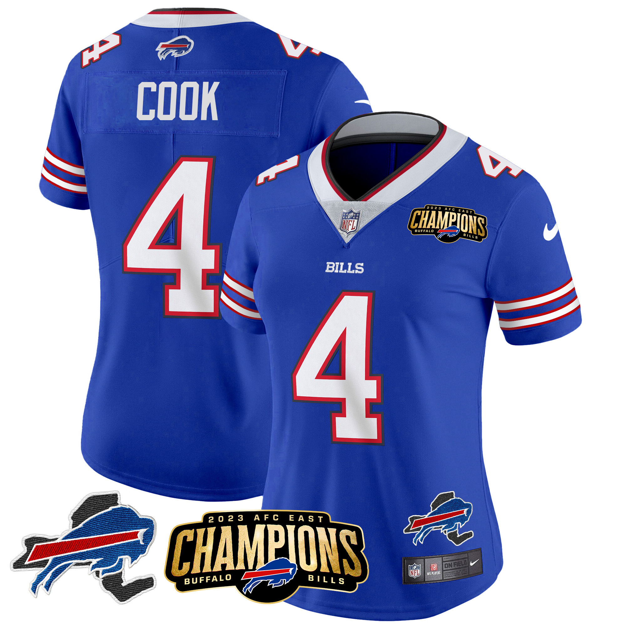 James Cook Women's Buffalo Bills 2023 AFC East Champions Patch Gold Vapor Royal Jersey - All Stitched 