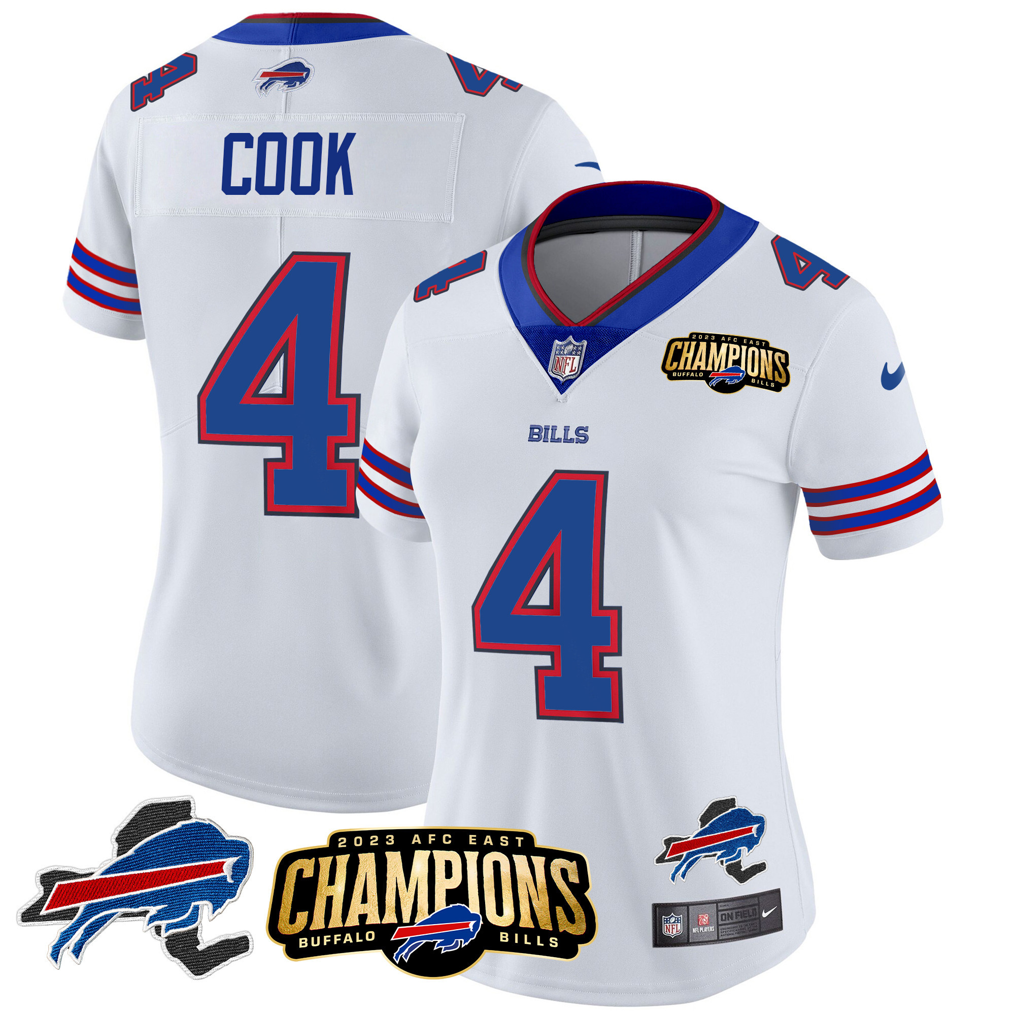 James Cook Women's Buffalo Bills 2023 AFC East Champions Patch Gold Vapor White Jersey - All Stitched 