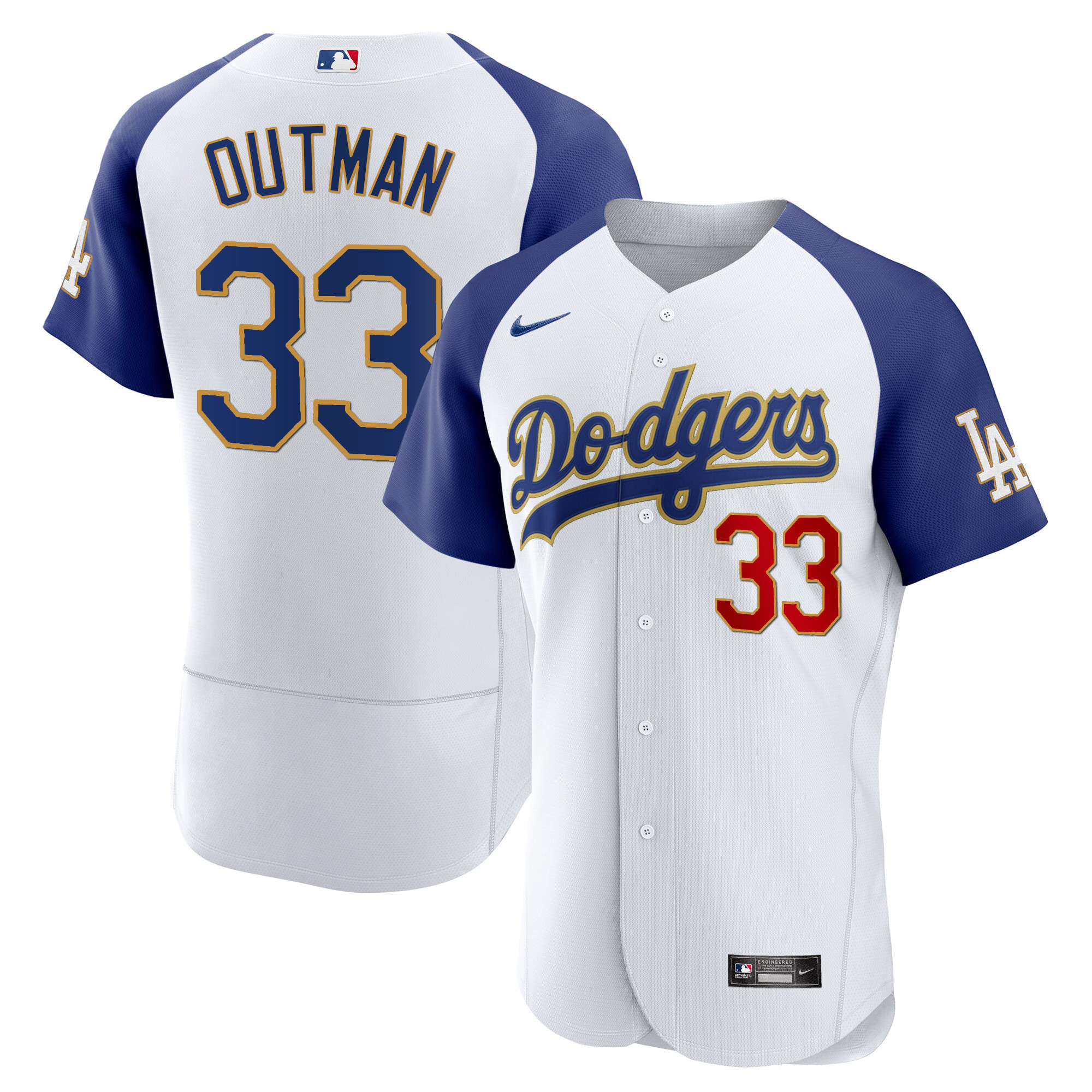 James Outman Men's Los Angeles Dodgers Gold Trim Flex Base Alternate White Jersey - All Stitched