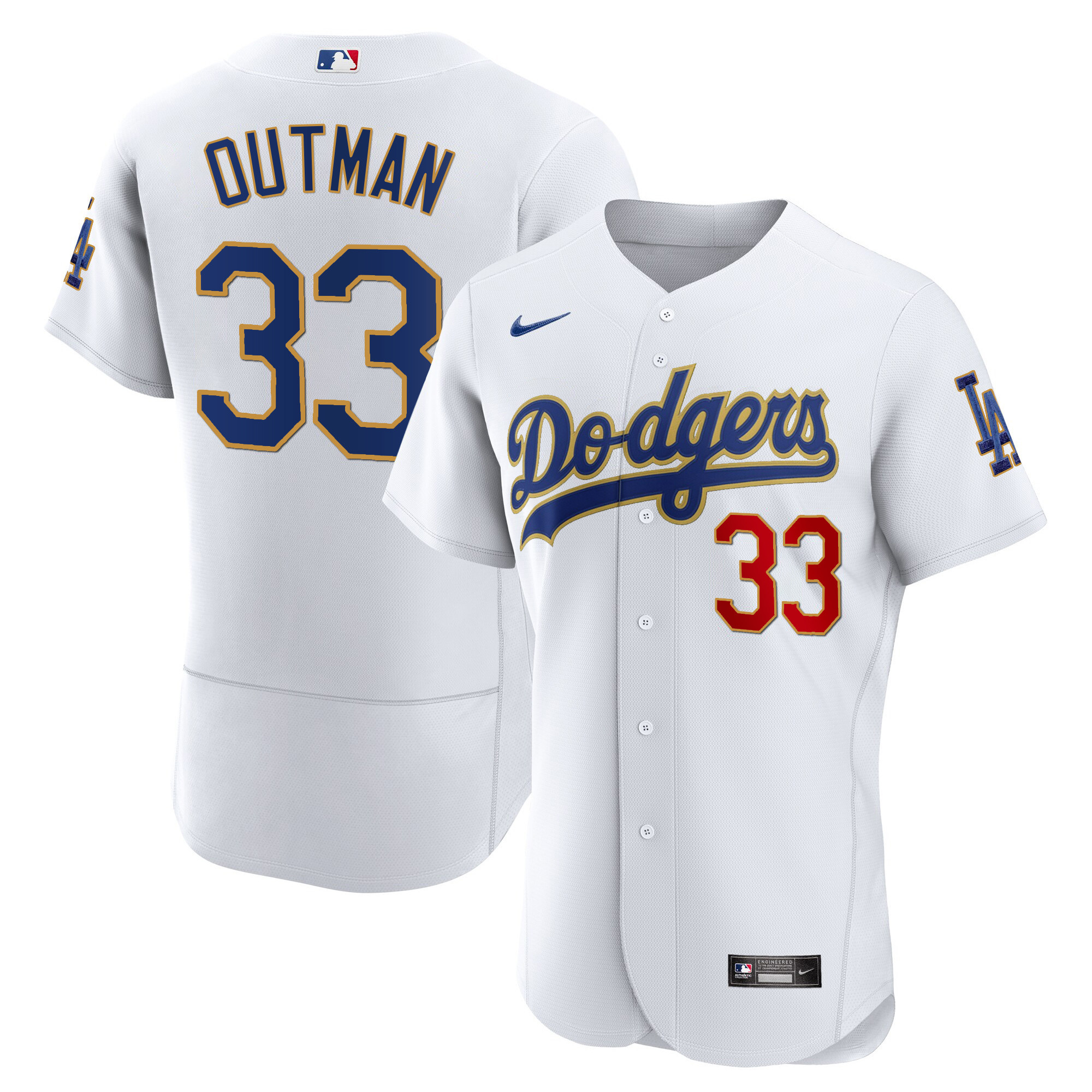 James Outman Men's Los Angeles Dodgers Gold Trim Flex Base White Jersey - All Stitched