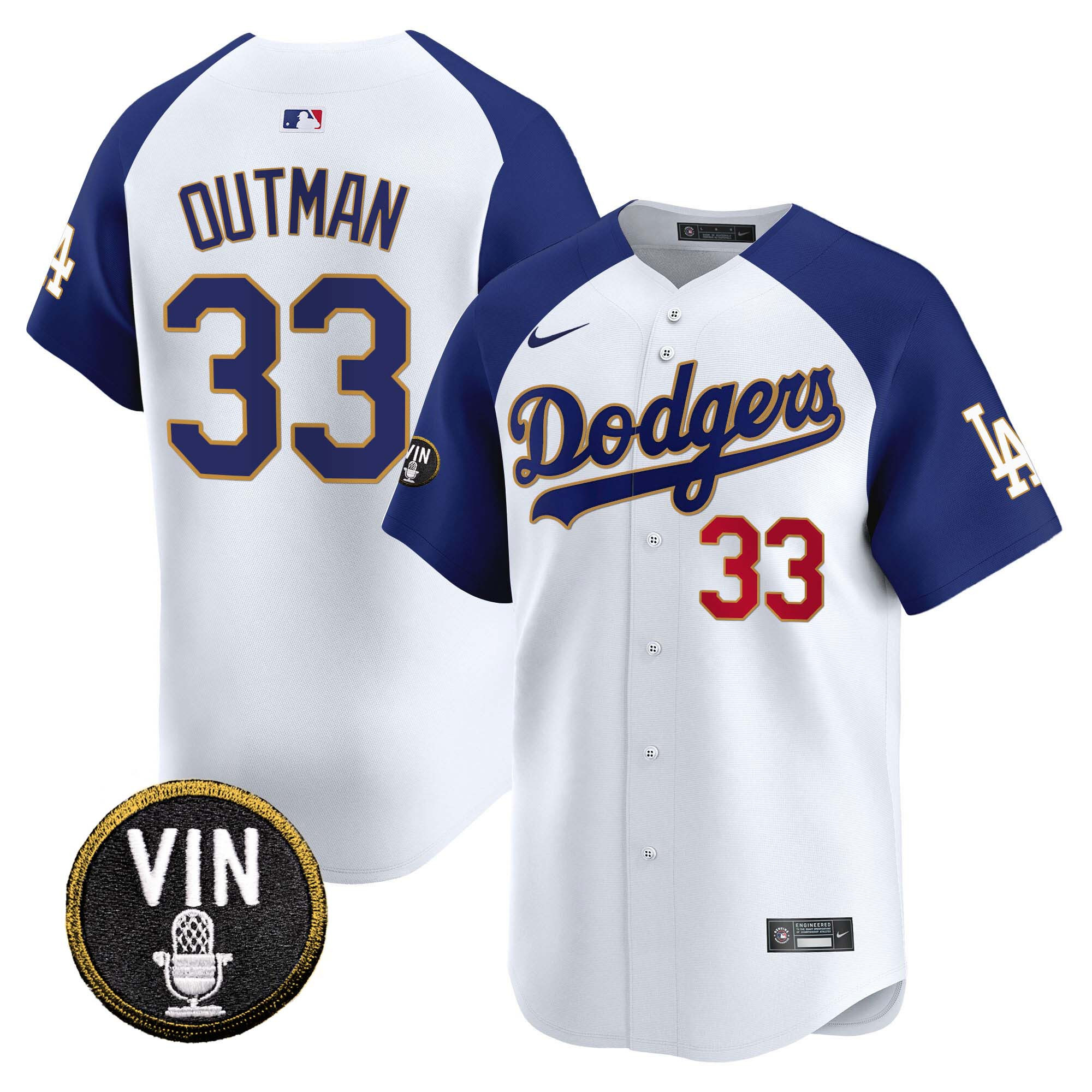 James Outman Men's Los Angeles Dodgers Vin Scully Patch Gold Trim Vapor Premier Limited Alternate White Jersey - All Stitched