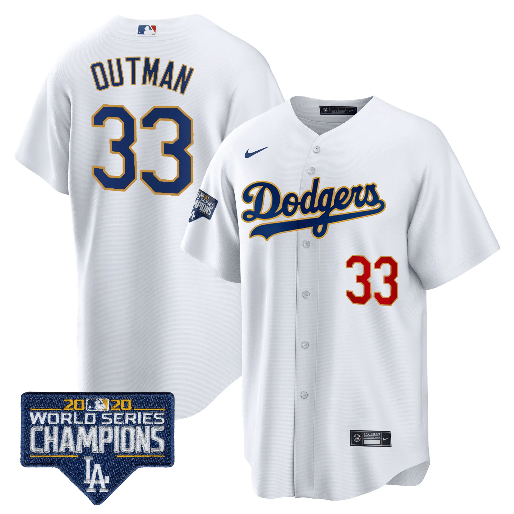 James Outman Men's Los Angeles Dodgers World Series Champions Patch Cool Base Gold Trim White Jersey - All Stitched