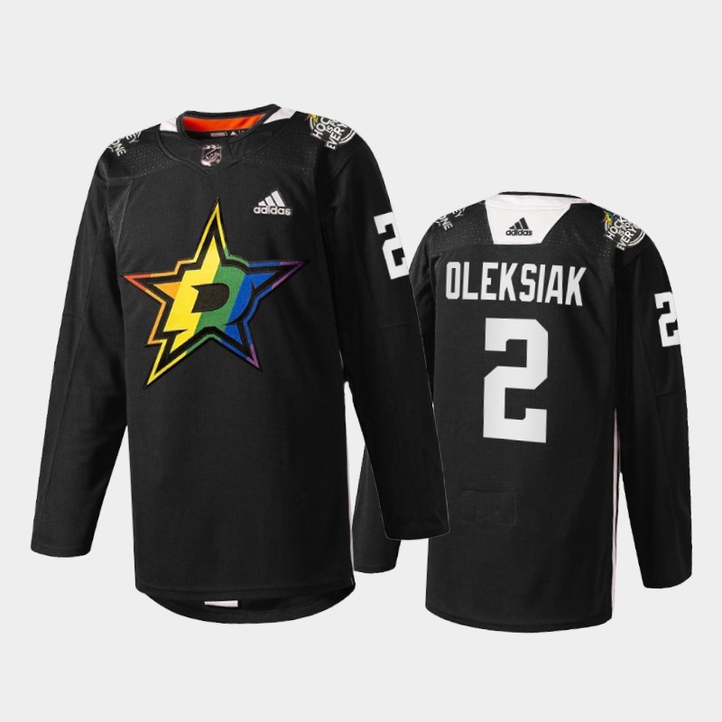 Jamie Oleksiak Dallas Stars Pride Night 2022 Jersey Black #2 Warmup