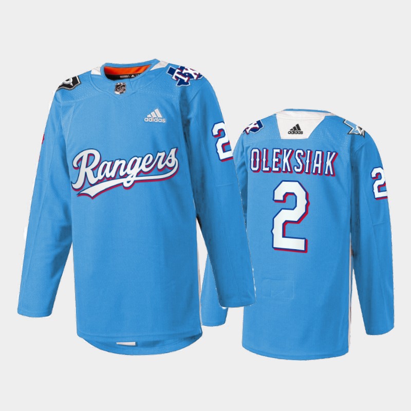 Jamie Oleksiak Dallas Stars Texas Rangers Night 2022 Jersey Blue #2 Warmup