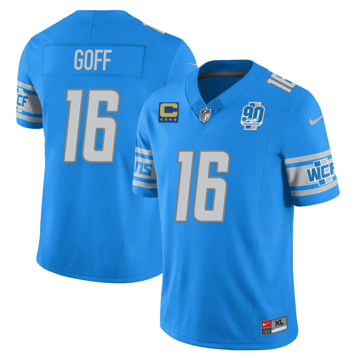 Jared Goff Men’s Detroit Lions 90th Year Patch Vapor Blue Jersey - All Stitched 