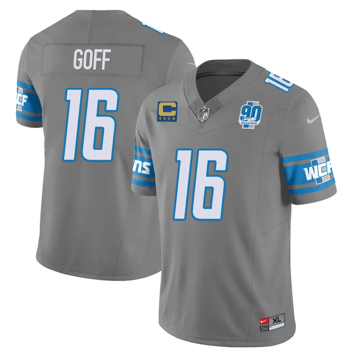 Jared Goff Men’s Detroit Lions 90th Year Patch Vapor Gray Jersey - All Stitched 